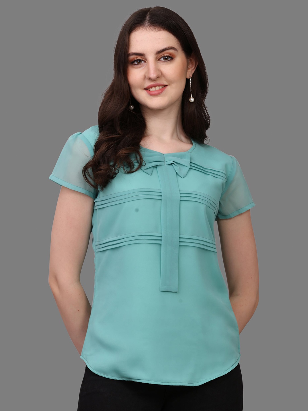 Kinjo Turquoise Blue Solid Tie and Bow Georgette Top
