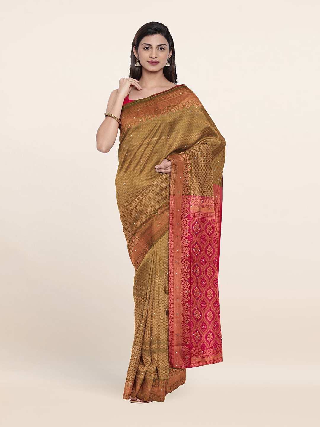 

Pothys Tan & Pink Woven Design Beads And Stones Pure Silk Saree