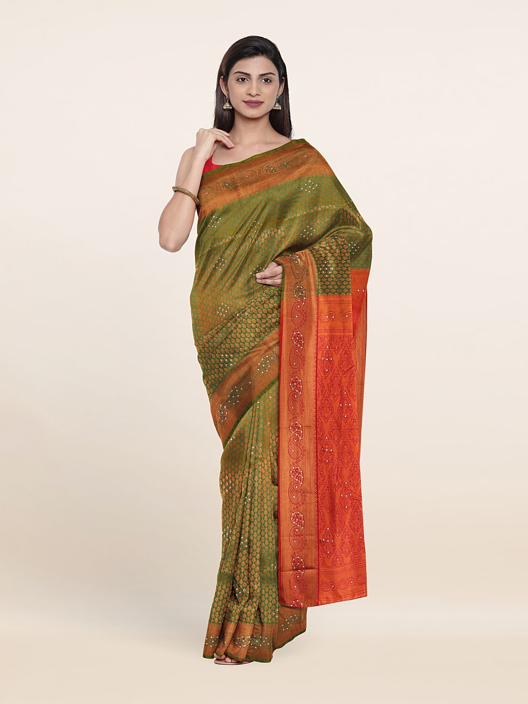 

Pothys Green & Pink Woven Design Beads And Stones Pure Silk Saree