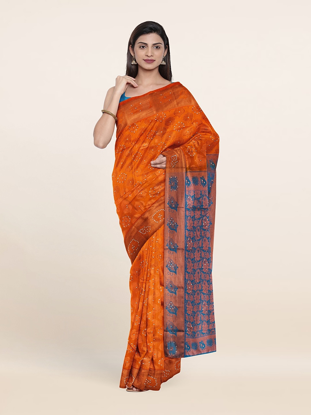 

Pothys Orange & Blue Woven Design Beads And Stones Pure Silk Saree