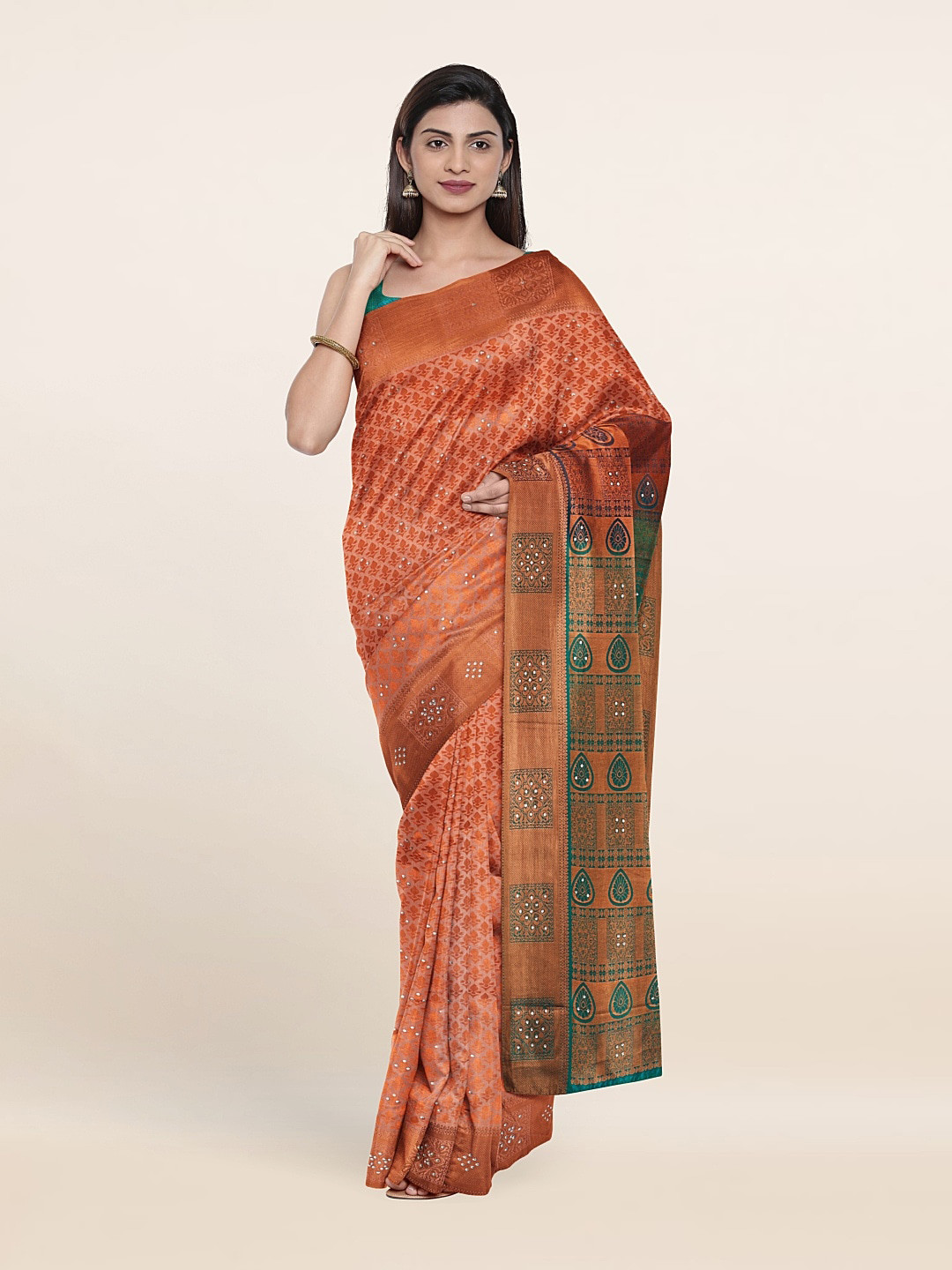 

Pothys Peach-Coloured & Green Woven Design Beads And Stones Pure Silk Saree