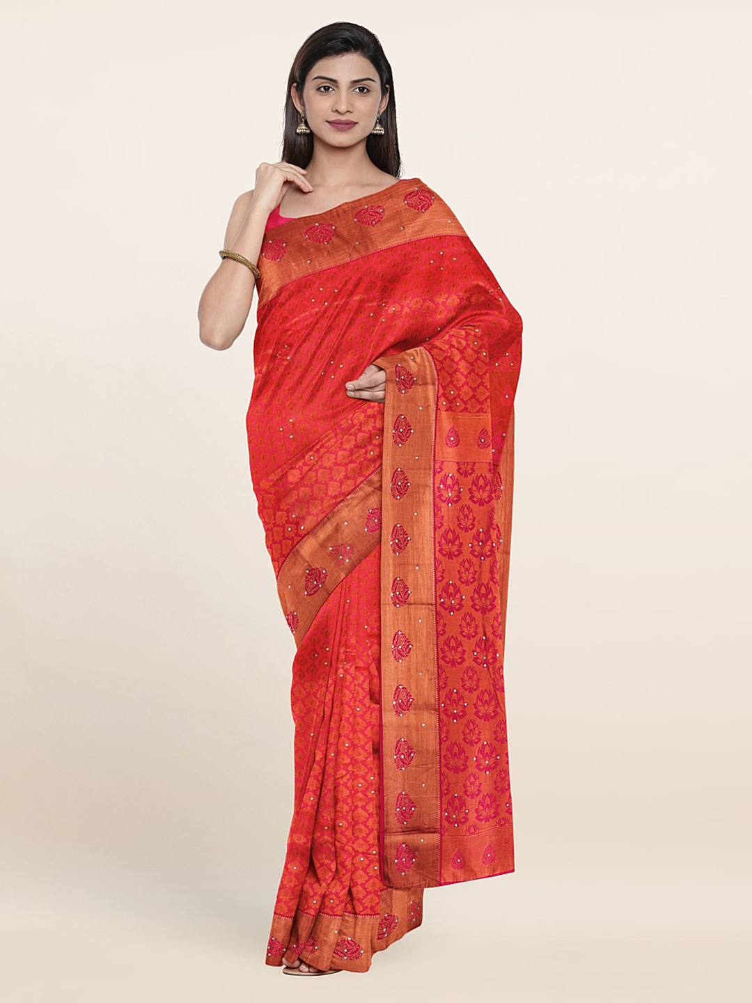 

Pothys Pink & Copper-Toned Woven Design Beads And Stones Pure Silk Saree