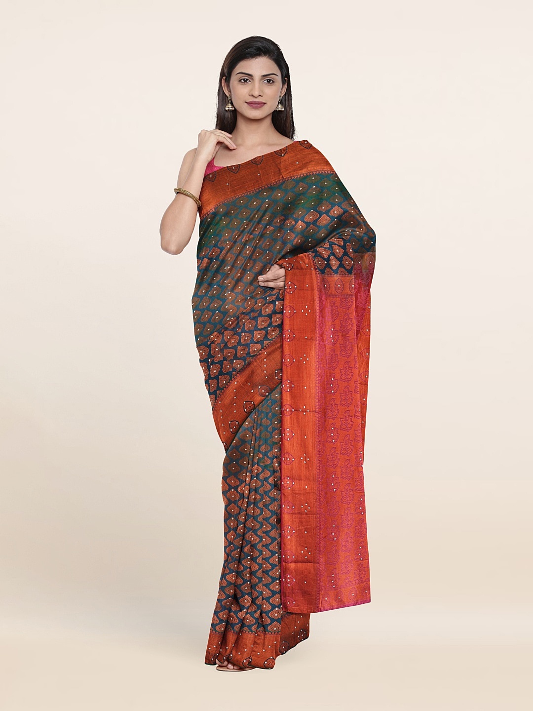 

Pothys Blue & Copper-Toned Woven Design Beads And Stones Pure Silk Saree