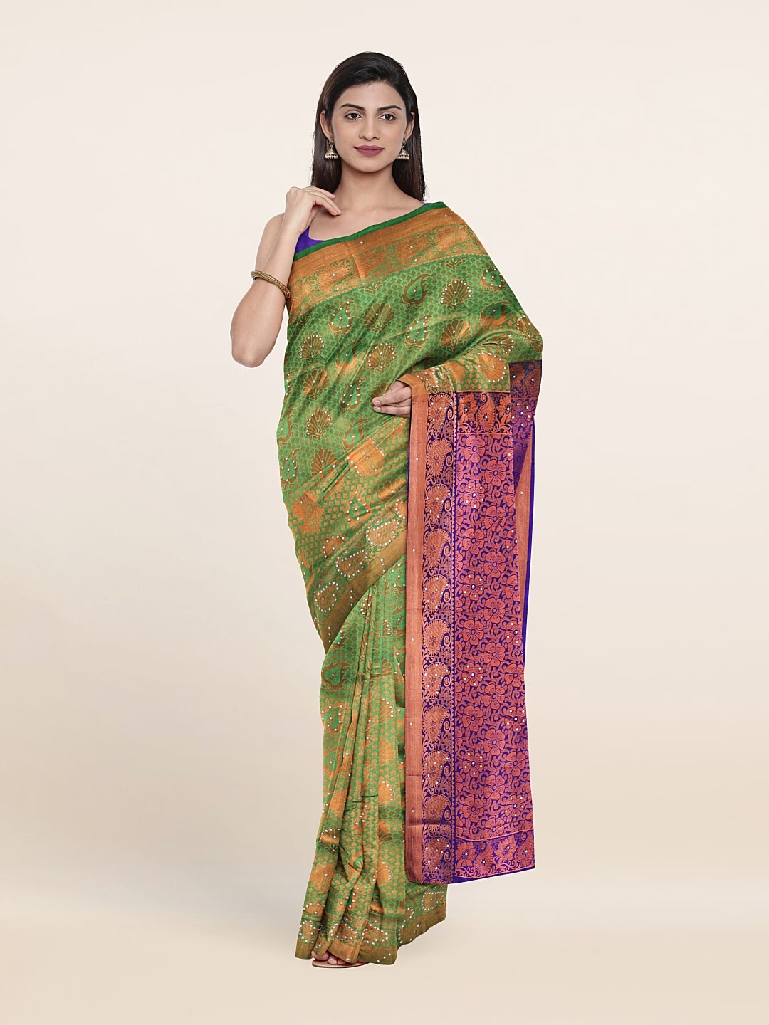 

Pothys Green & Purple Woven Design Beads And Stones Pure Silk Saree