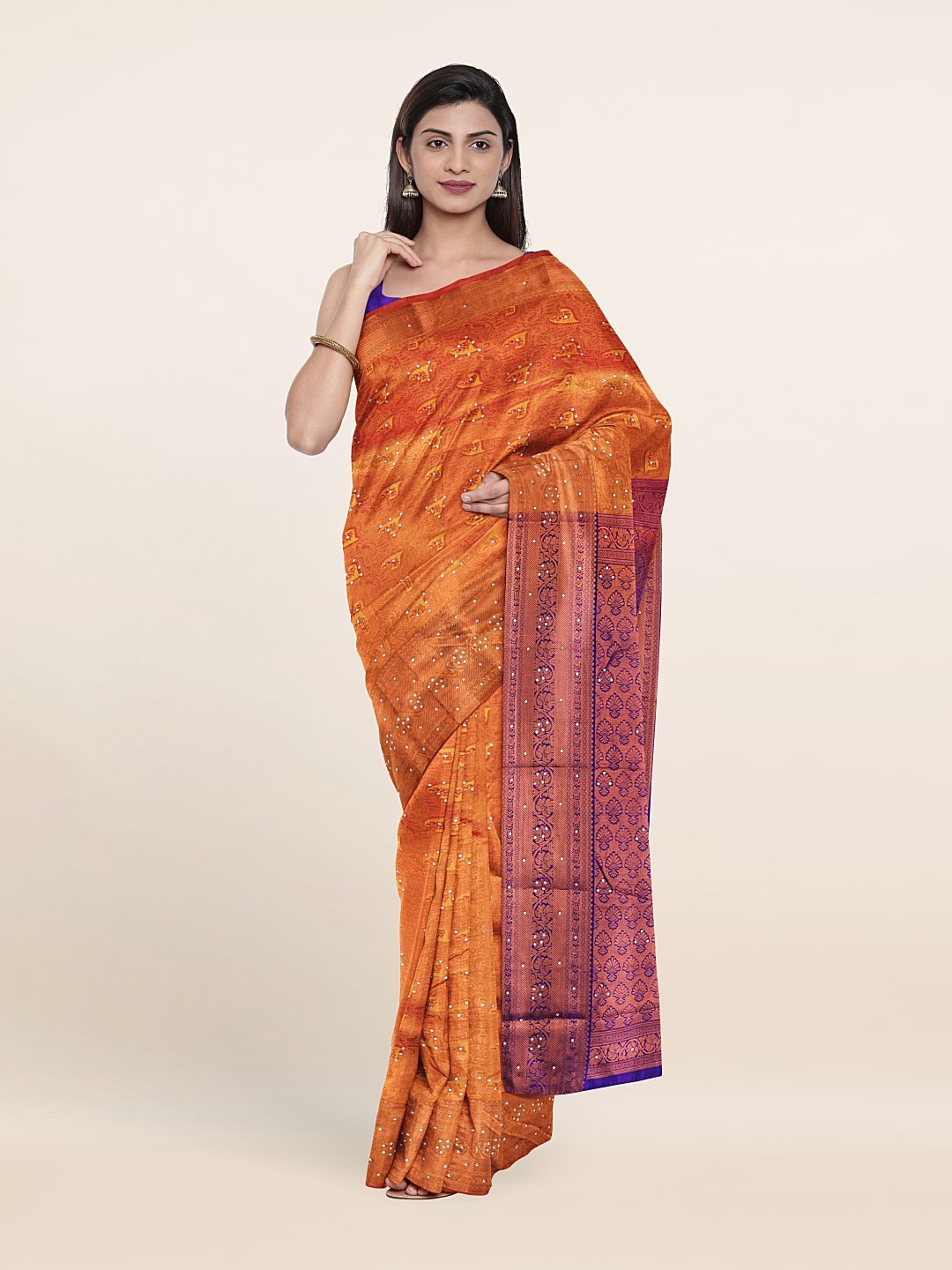 

Pothys Rust & Copper-Toned Woven Design Beads And Stones Pure Silk Saree