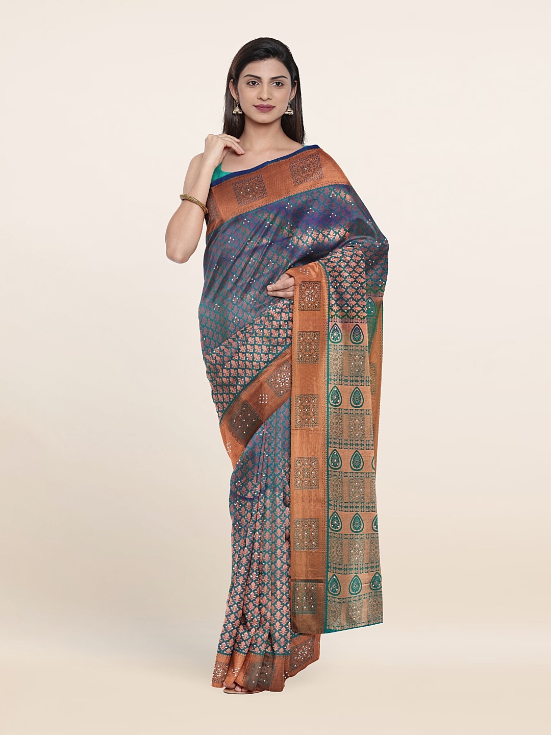 

Pothys Blue & Copper-Toned Woven Design Beads And Stones Pure Silk Saree