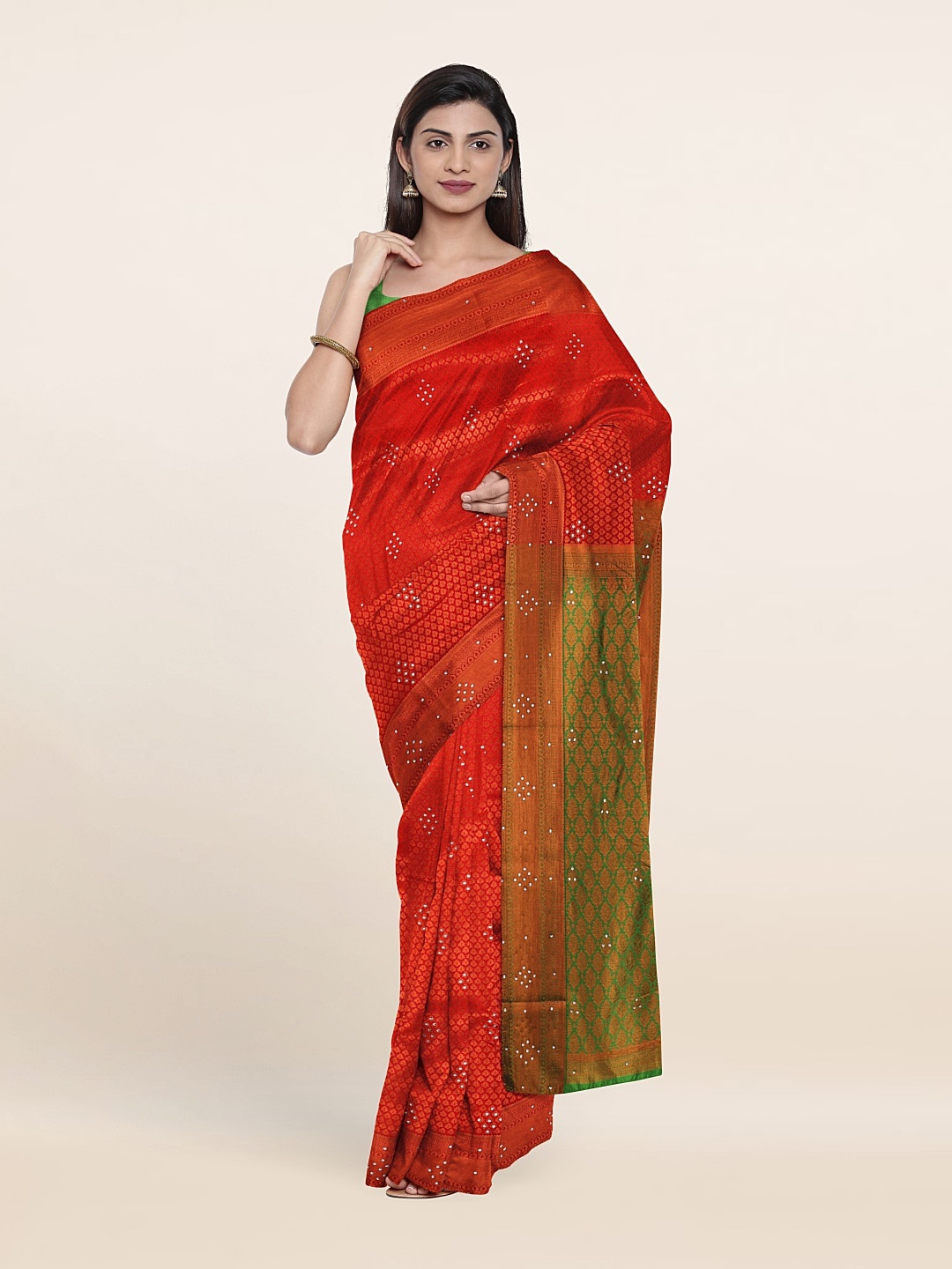 

Pothys Red & Copper-Toned Woven Design Beads And Stones Pure Silk Saree