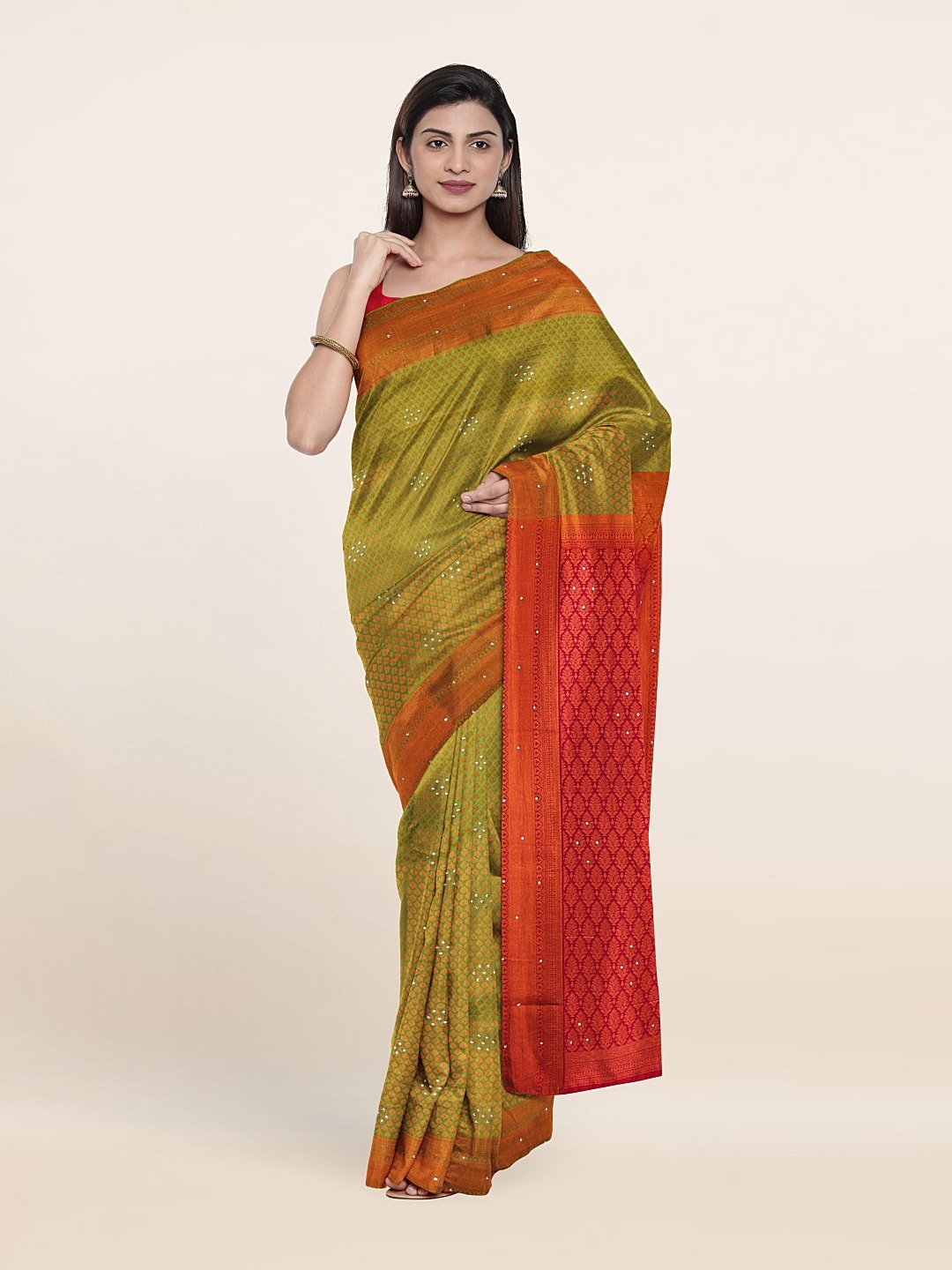 

Pothys Green & Copper-Toned Woven Design Beads And Stones Pure Silk Saree