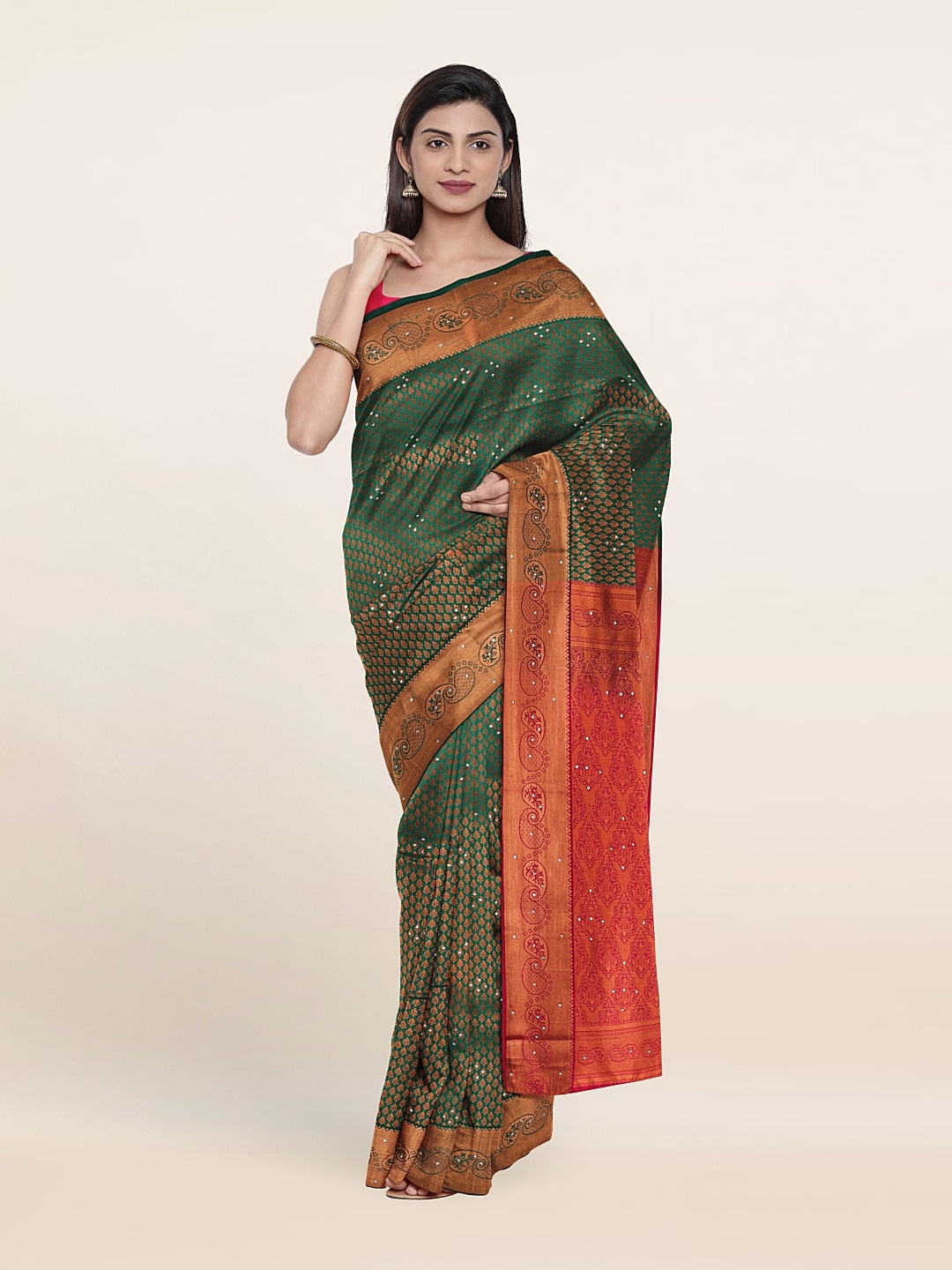 

Pothys Green & Red Woven Design Beads and Stones Pure Silk Saree