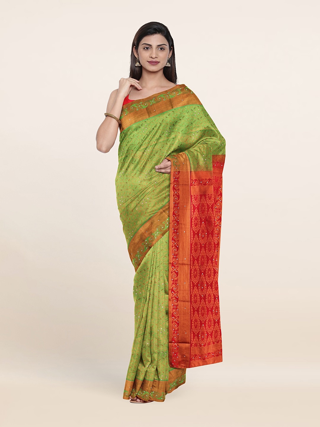 

Pothys Green & Red Woven Design Beads And Stones Pure Silk Saree