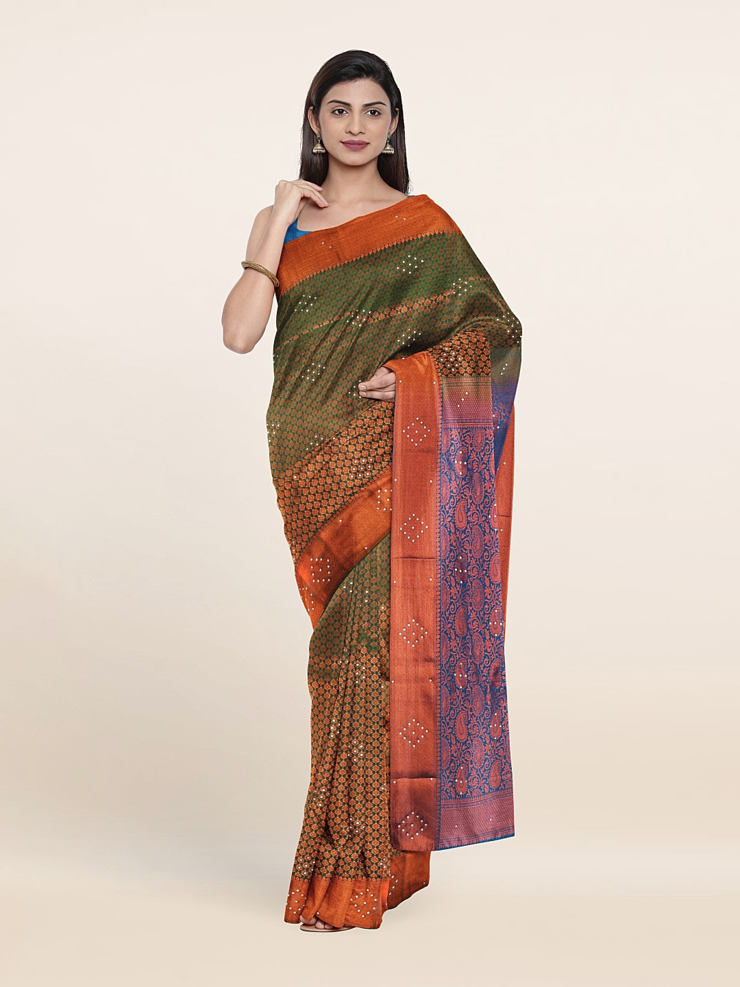 

Pothys Green & Copper-Toned Woven Design Beads And Stones Pure Silk Saree