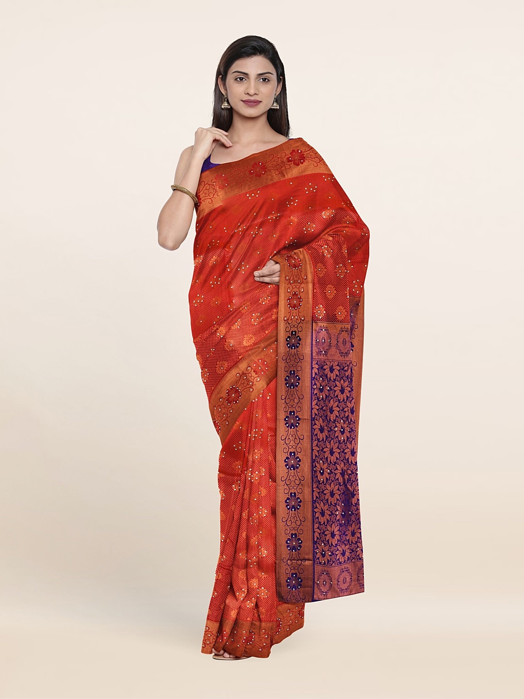 

Pothys Red & Blue Woven Design Beads And Stones Pure Silk Saree