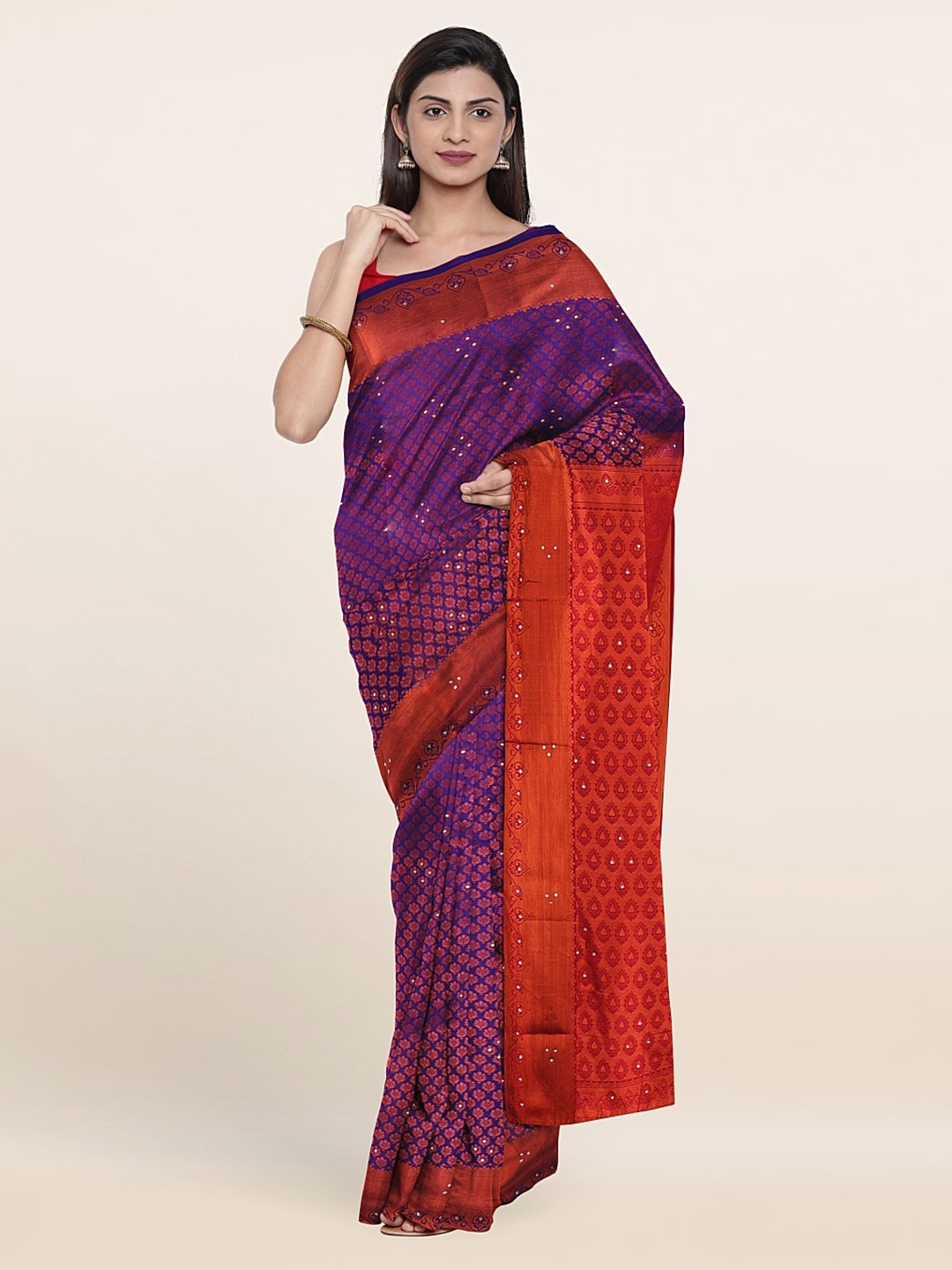 

Pothys Blue & Red Woven Design Beads And Stones Pure Silk Saree