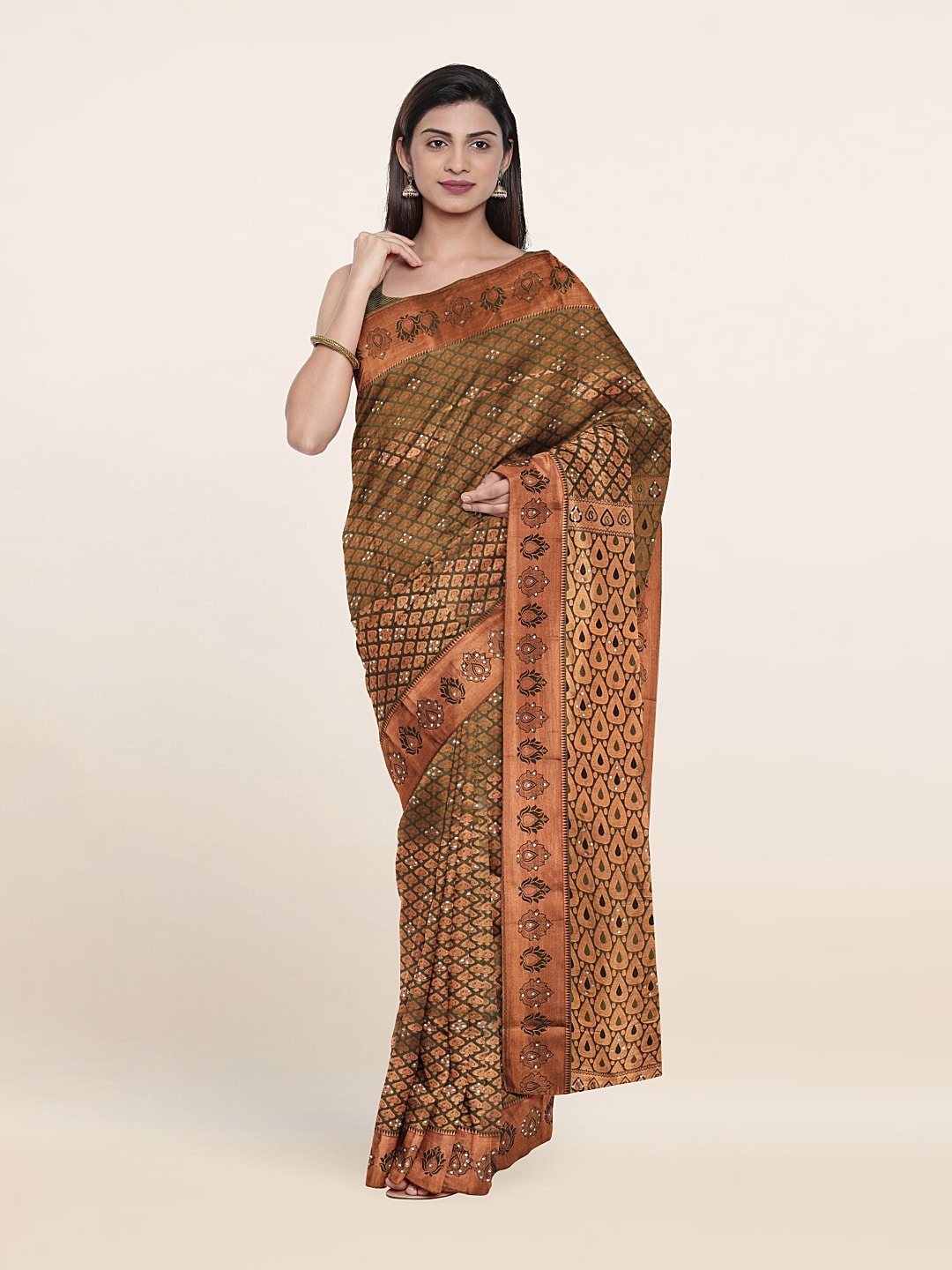 

Pothys Tan & Copper-Toned Woven Design Beads And Stones Pure Silk Saree