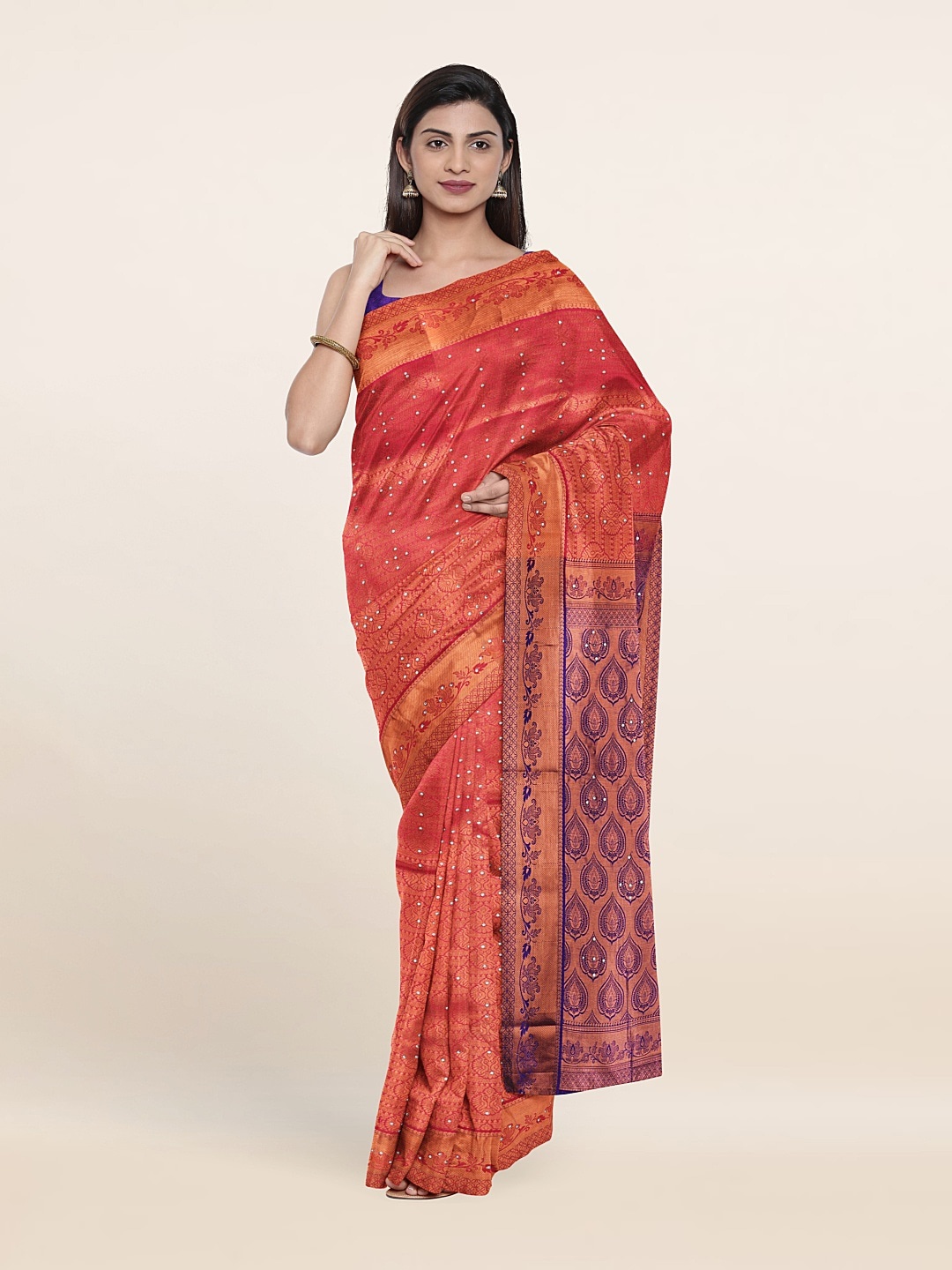 

Pothys Pink & Purple Woven Design Beads And Stones Pure Silk Saree