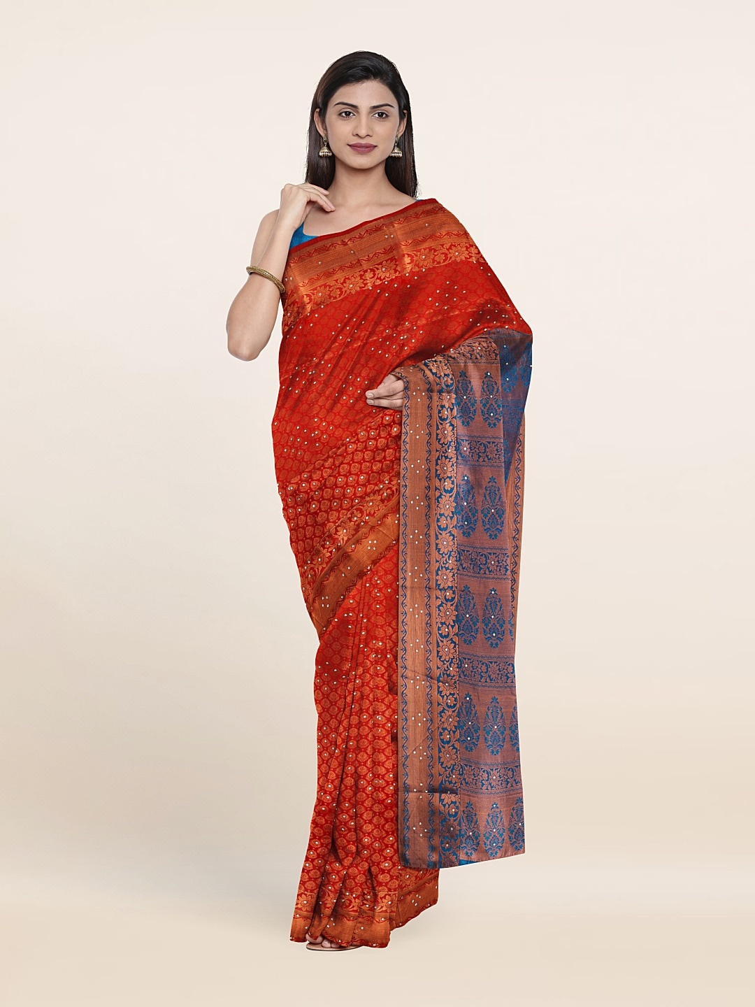 

Pothys Red & Blue Woven Design Beads And Stones Pure Silk Saree