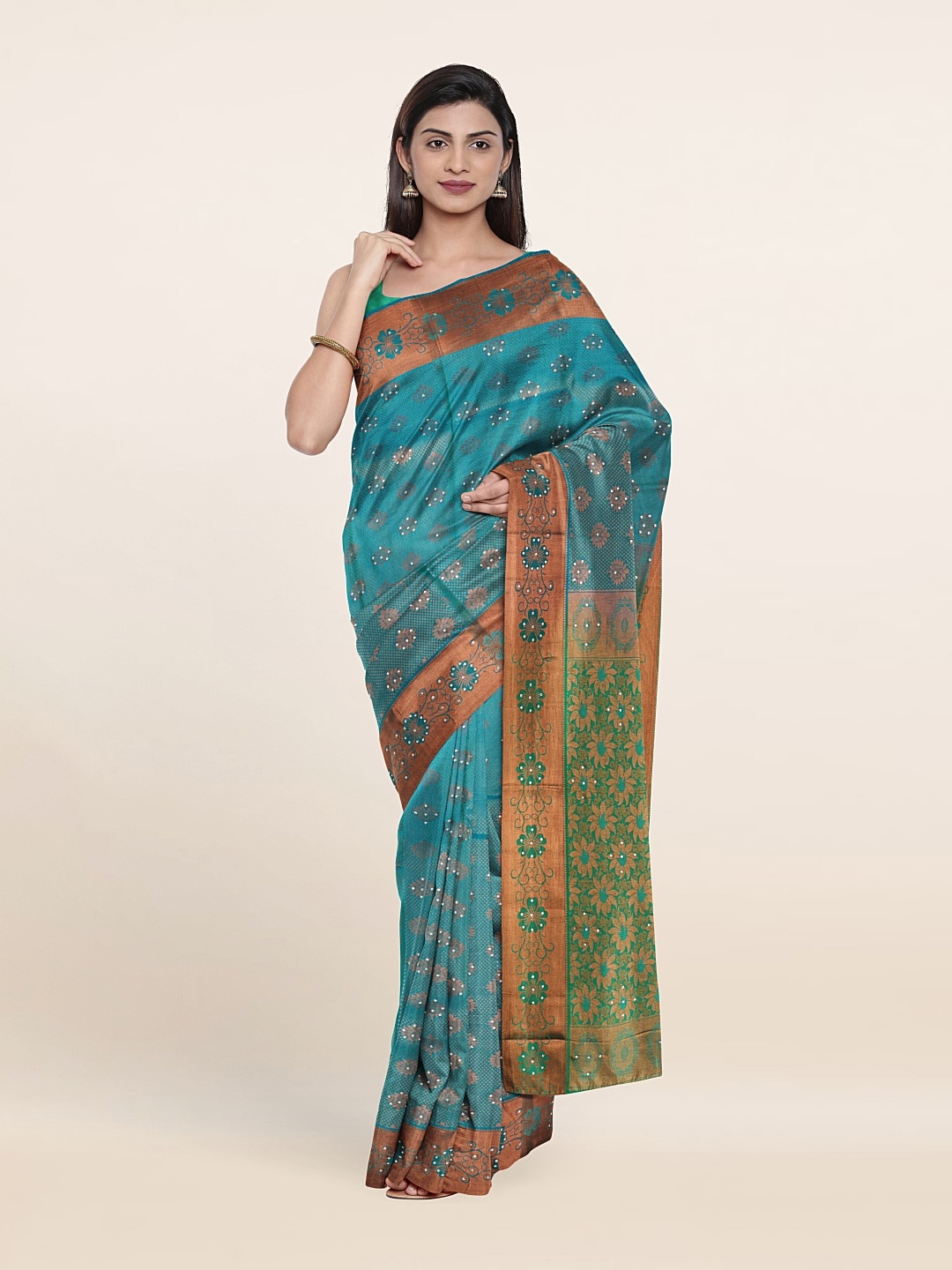 

Pothys Blue & Green Woven Design Beads And Stones Pure Silk Saree