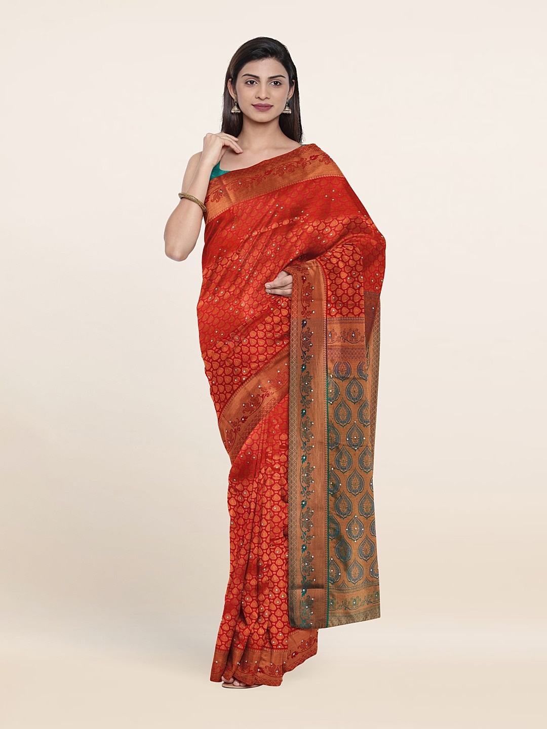 

Pothys Red & Green Woven Design Beads And Stones Pure Silk Saree