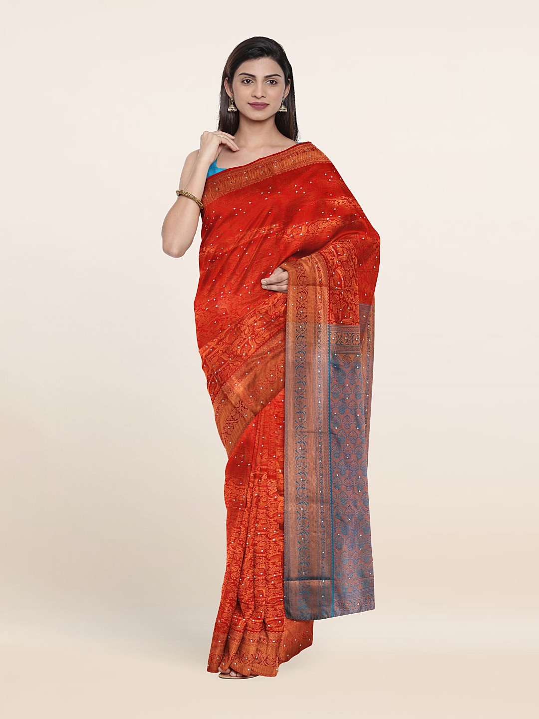 

Pothys Red & Blue Woven Design Beads And Stones Pure Silk Saree
