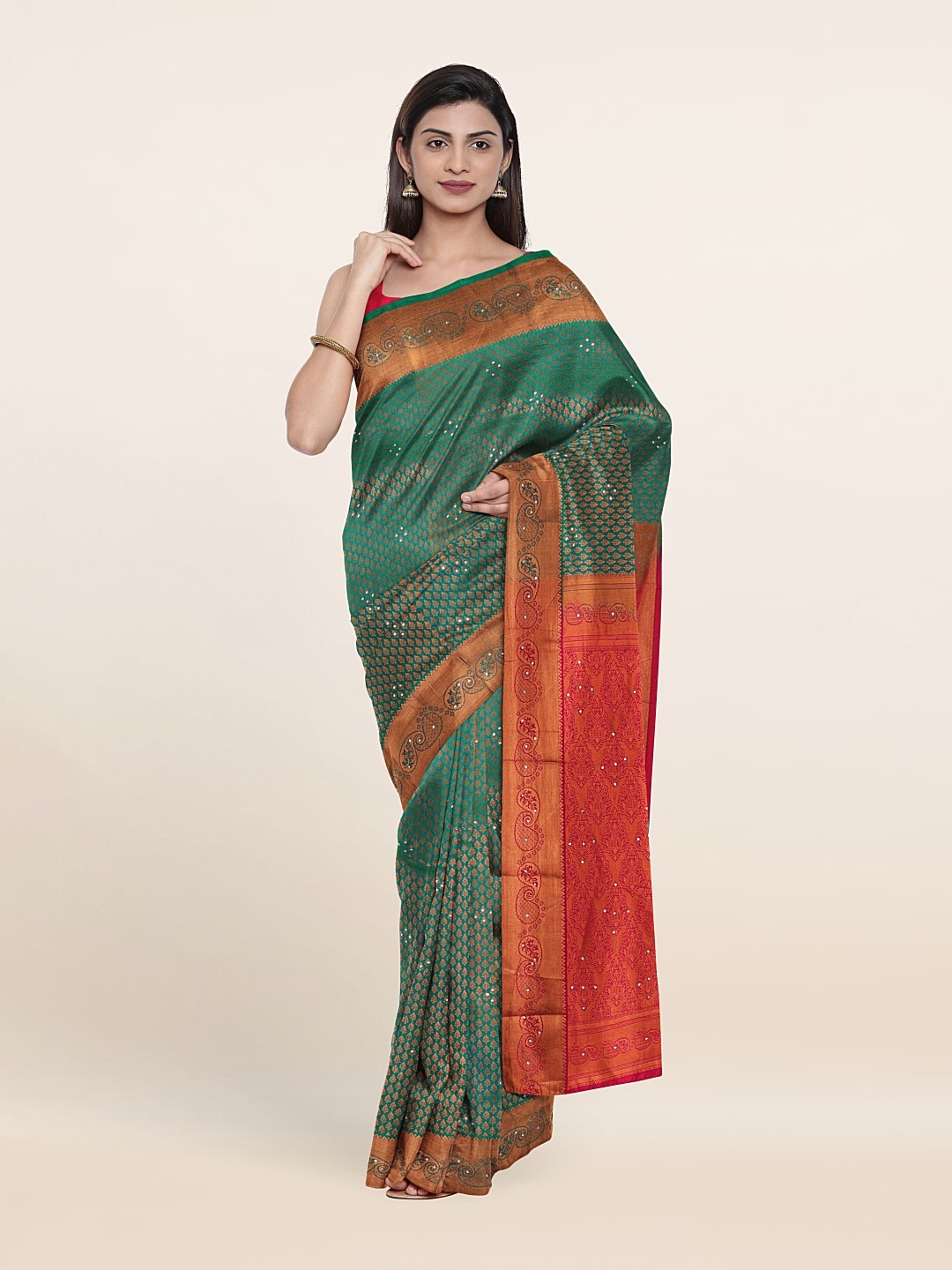 

Pothys Green & Pink Woven Design Beads And Stones Pure Silk Saree