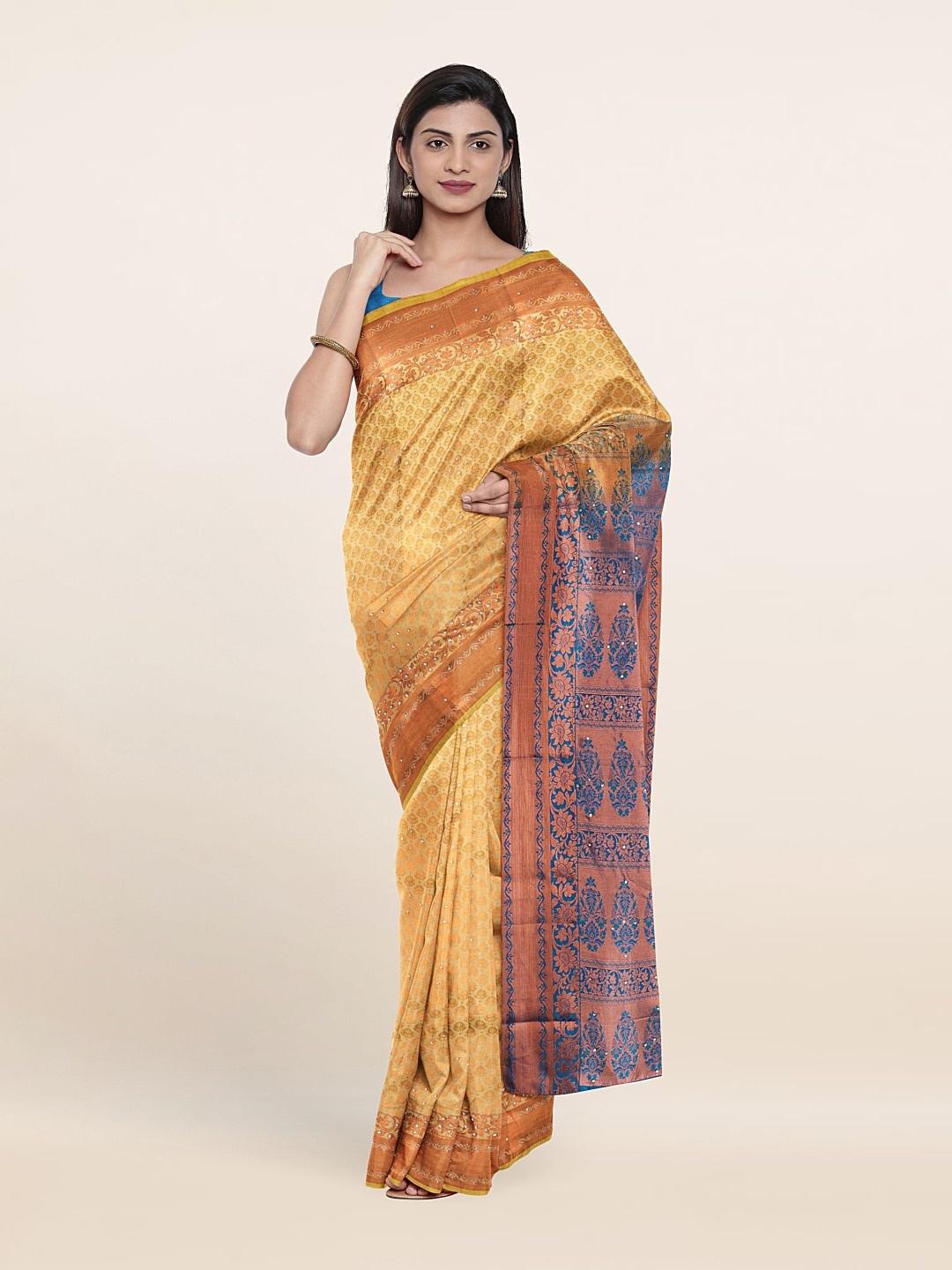 

Pothys Cream-Coloured & Copper-Toned Woven Design Beads And Stones Pure Silk Saree