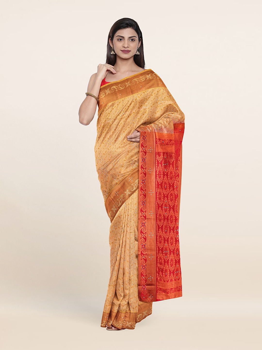 

Pothys Cream-Coloured & Copper-Toned Woven Design Beads And Stones Pure Silk Saree