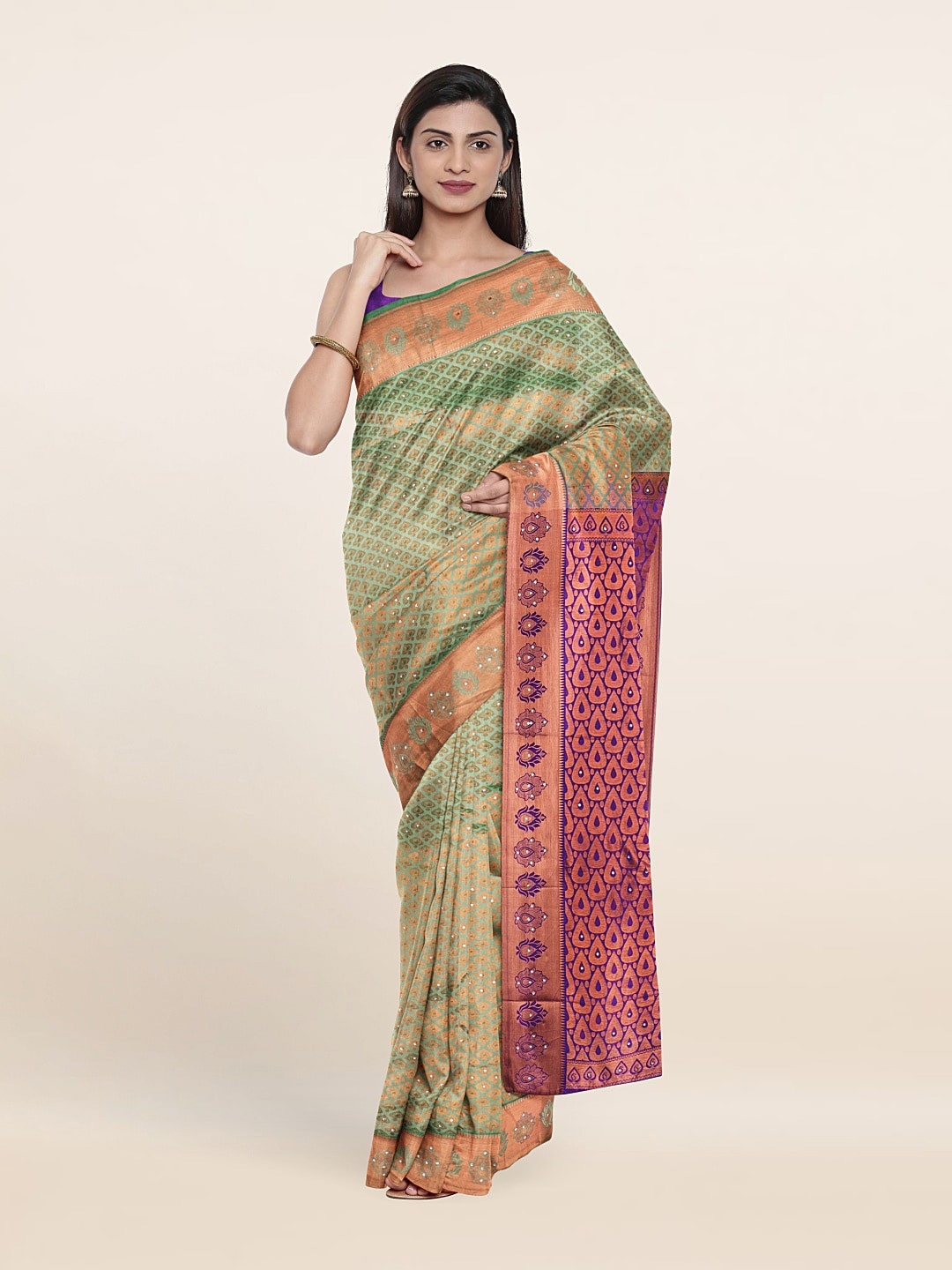 

Pothys Green & Blue Ethnic Motifs Beads And Stones Pure Silk Saree