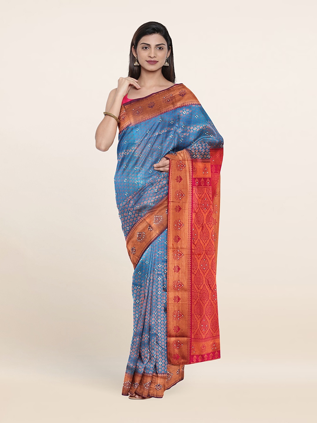 

Pothys Blue & Red Woven Design Beads And Stones Pure Silk Saree