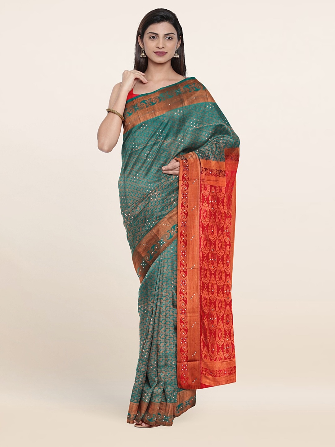 

Pothys Green & Red Ethnic Motifs Beads and Stones Pure Silk Saree