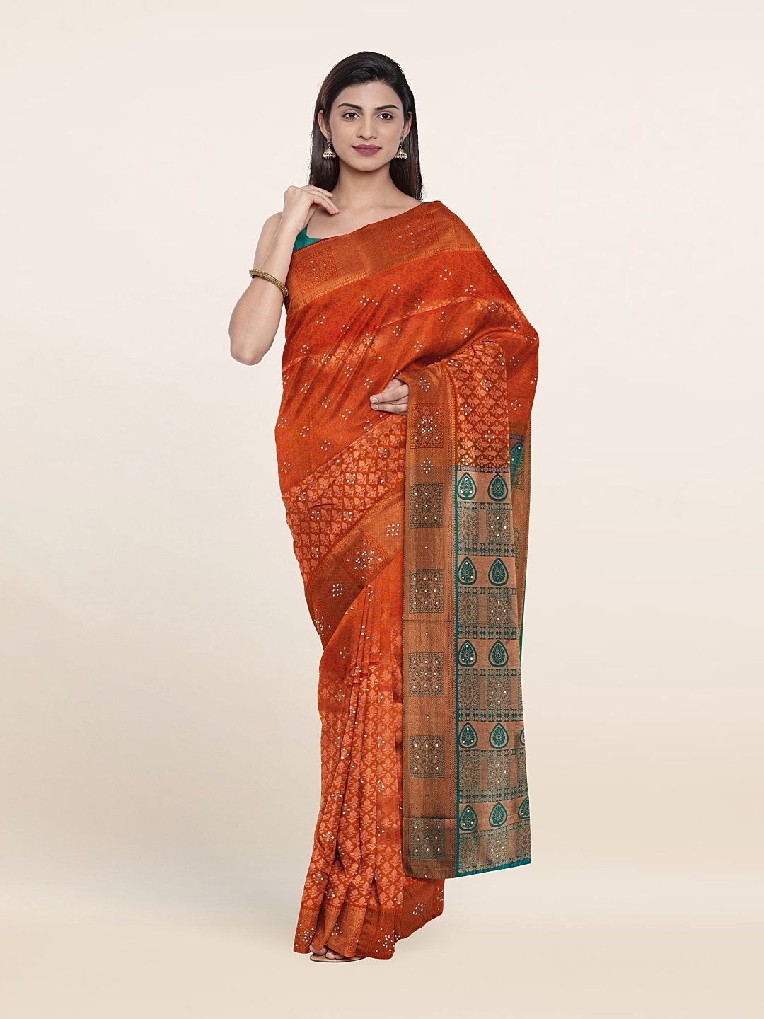 

Pothys Orange & Green Woven Design Beads And Stones Pure Silk Saree