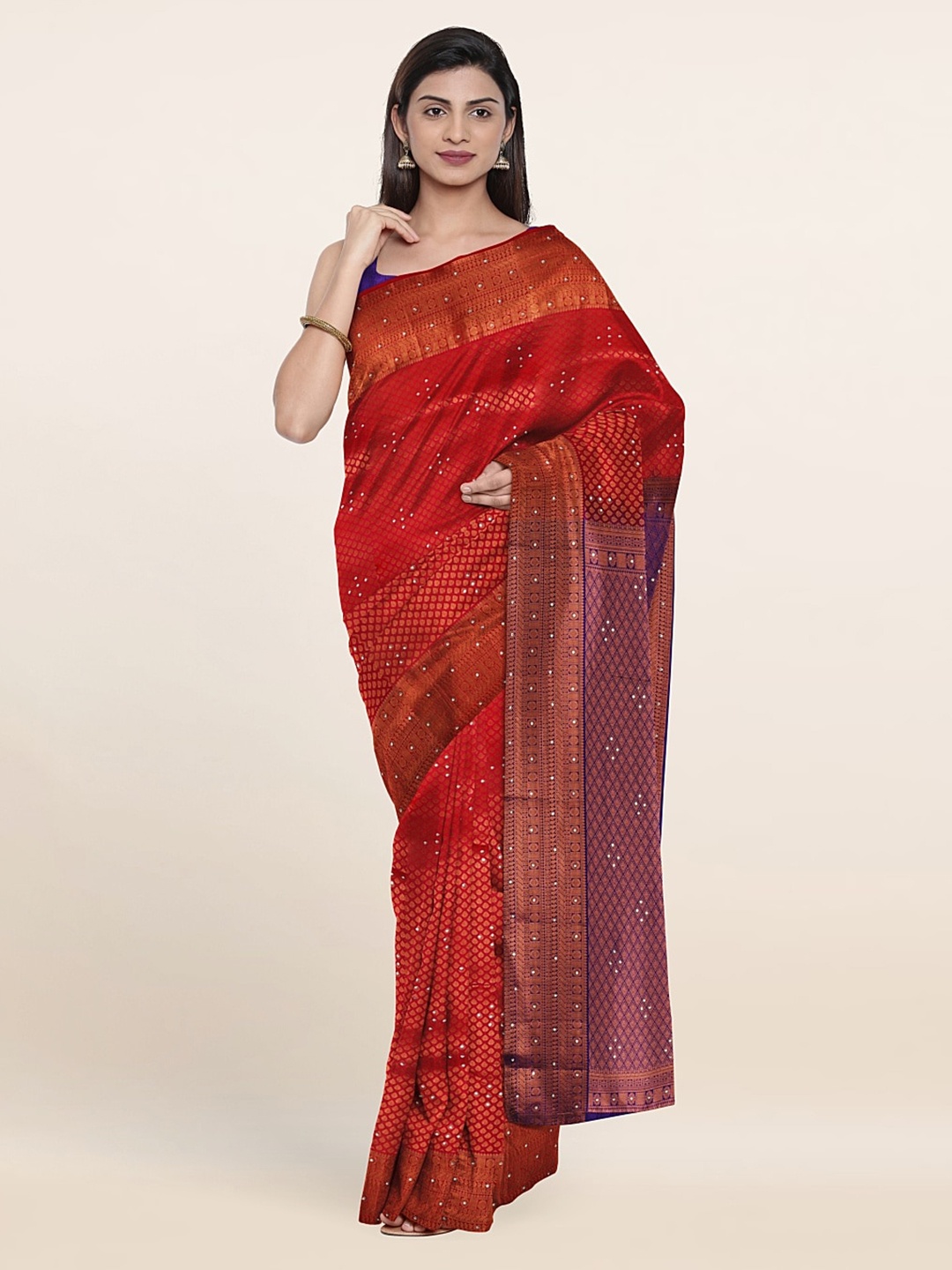 

Pothys Pink & Purple Woven Design Beads And Stones Pure Silk Saree