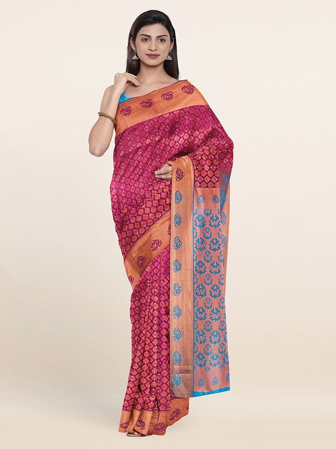 

Pothys Purple & Turquoise Blue Woven Design Beads And Stones Pure Silk Saree