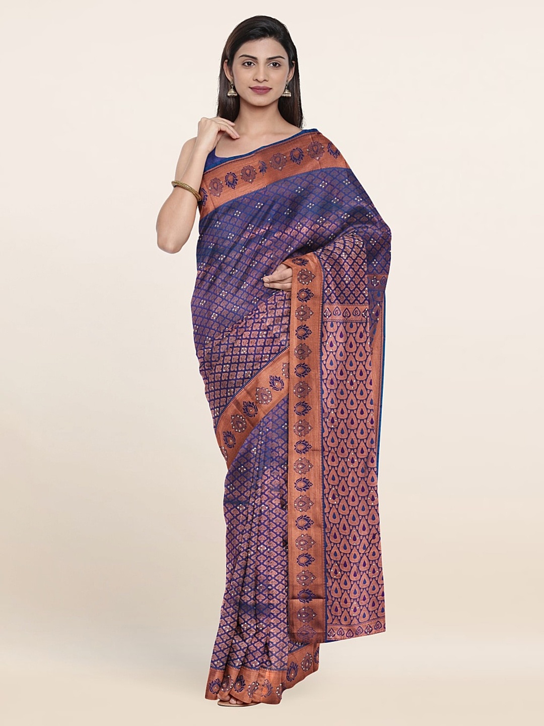 

Pothys Blue & Copper-Toned Woven Design Beads and Stones Pure Silk Saree