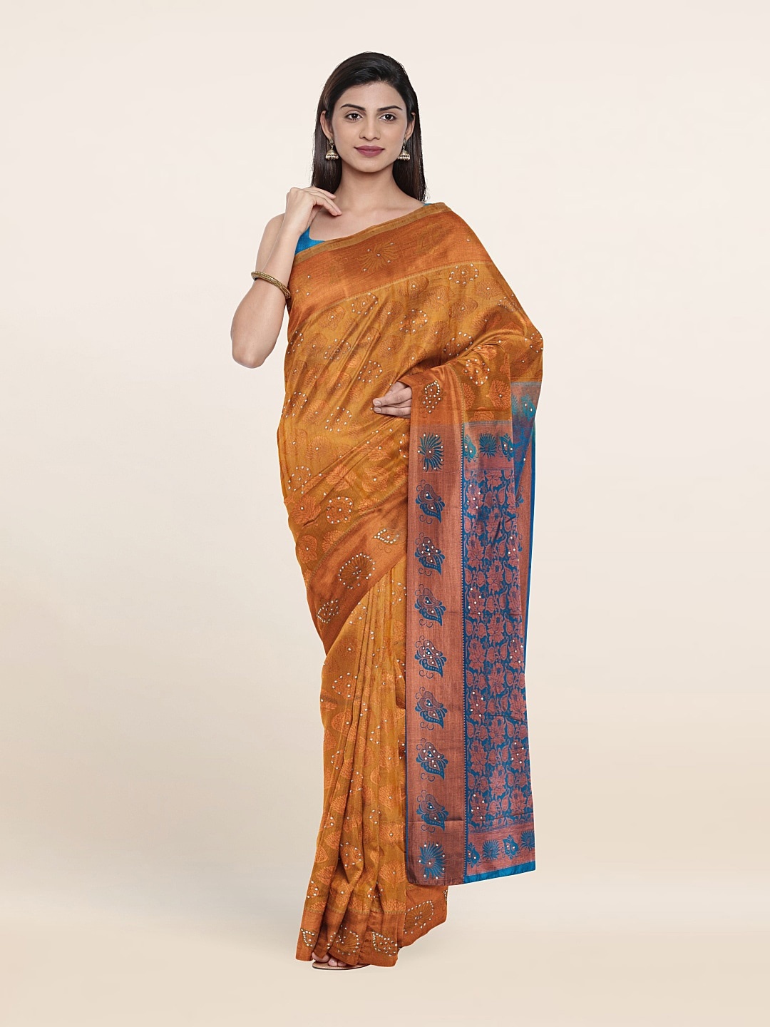 

Pothys Mustard & Copper-Toned Ethnic Motifs Beads and Stones Pure Silk Saree
