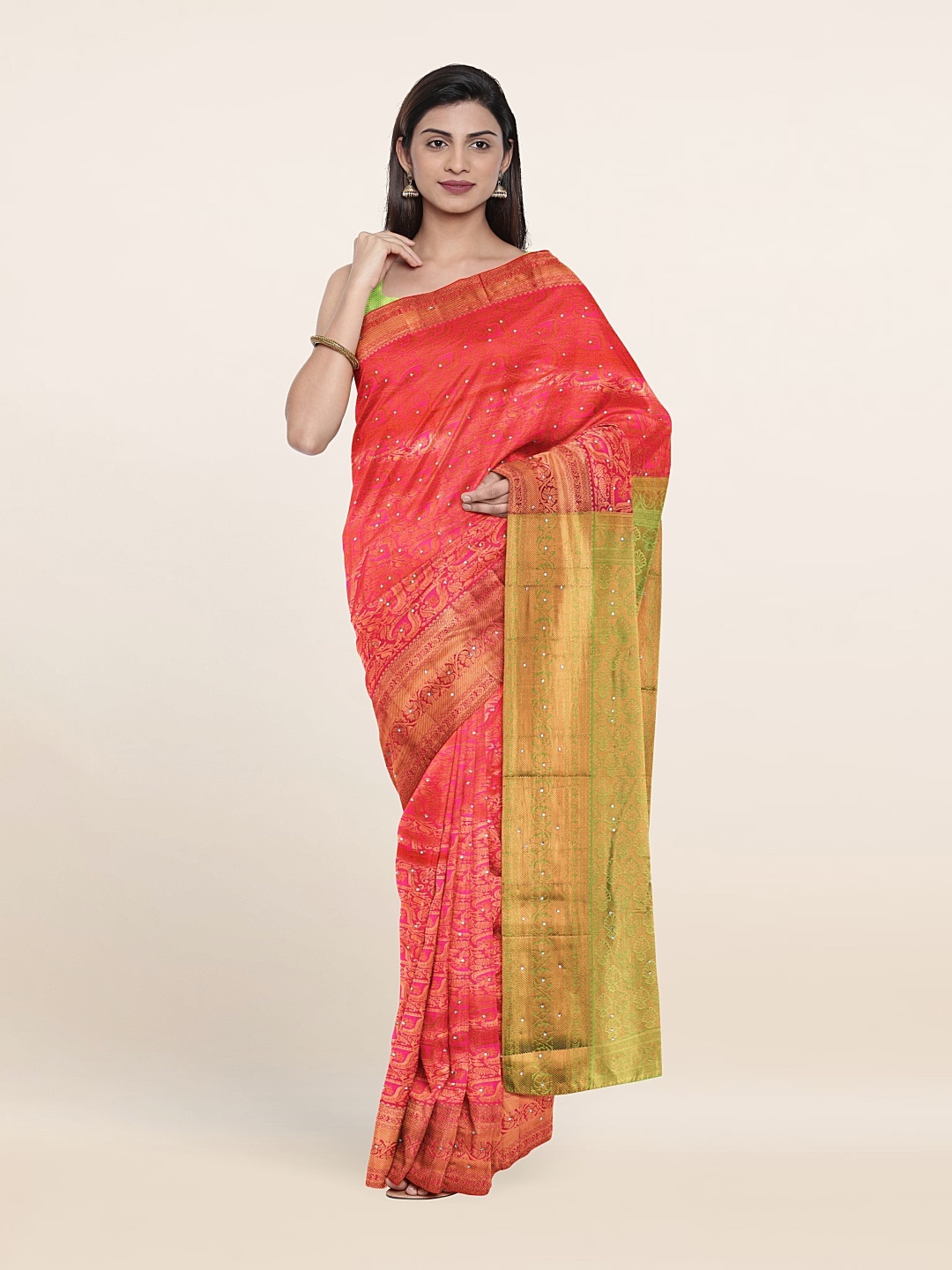 

Pothys Pink & Green Ethnic Motifs Beads and Stones Pure Silk Saree