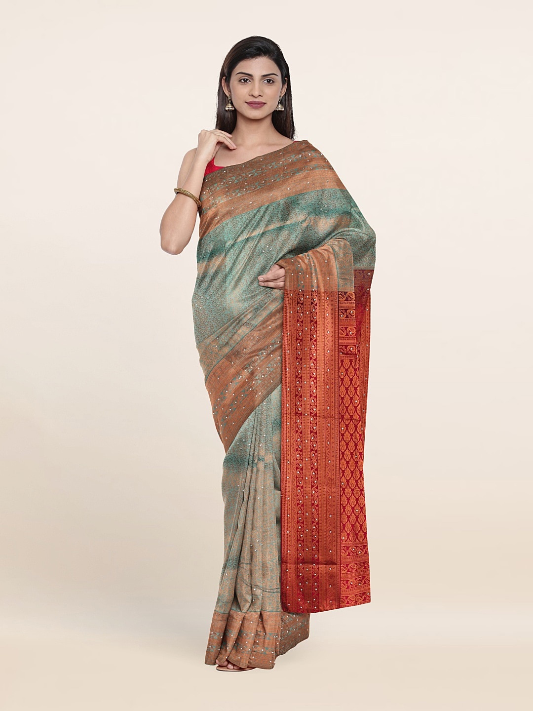 

Pothys Blue & Orange Ethnic Motifs Beads and Stones Pure Silk Saree