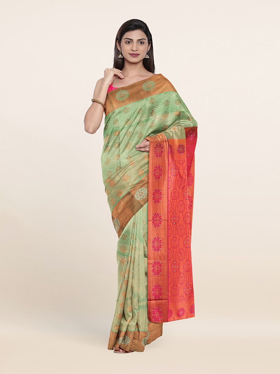 

Pothys Green & Copper-Toned Ethnic Motifs Beads and Stones Pure Silk Saree