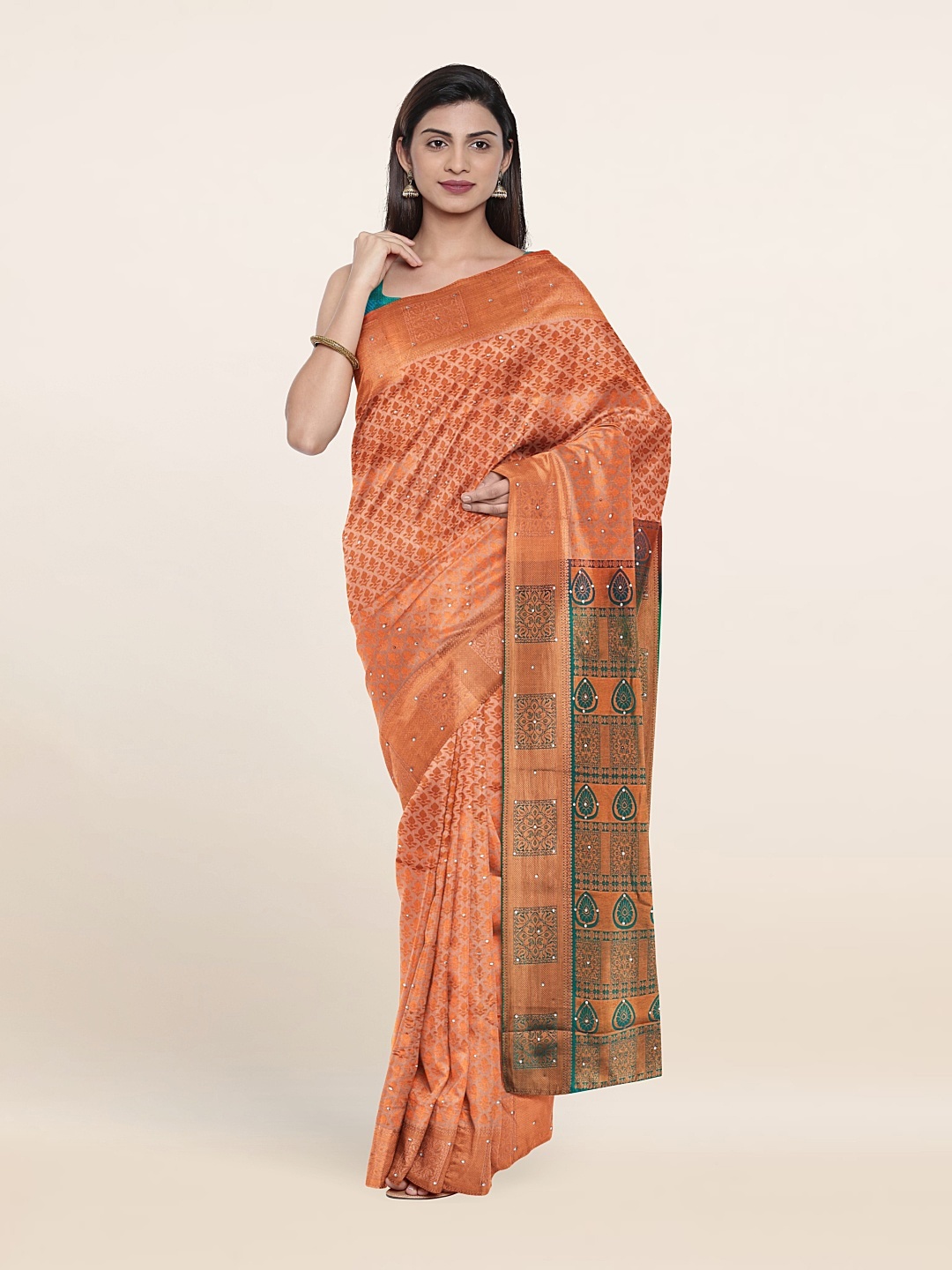 

Pothys Peach-Coloured & Green Woven Design Beads and Stones Pure Silk Saree