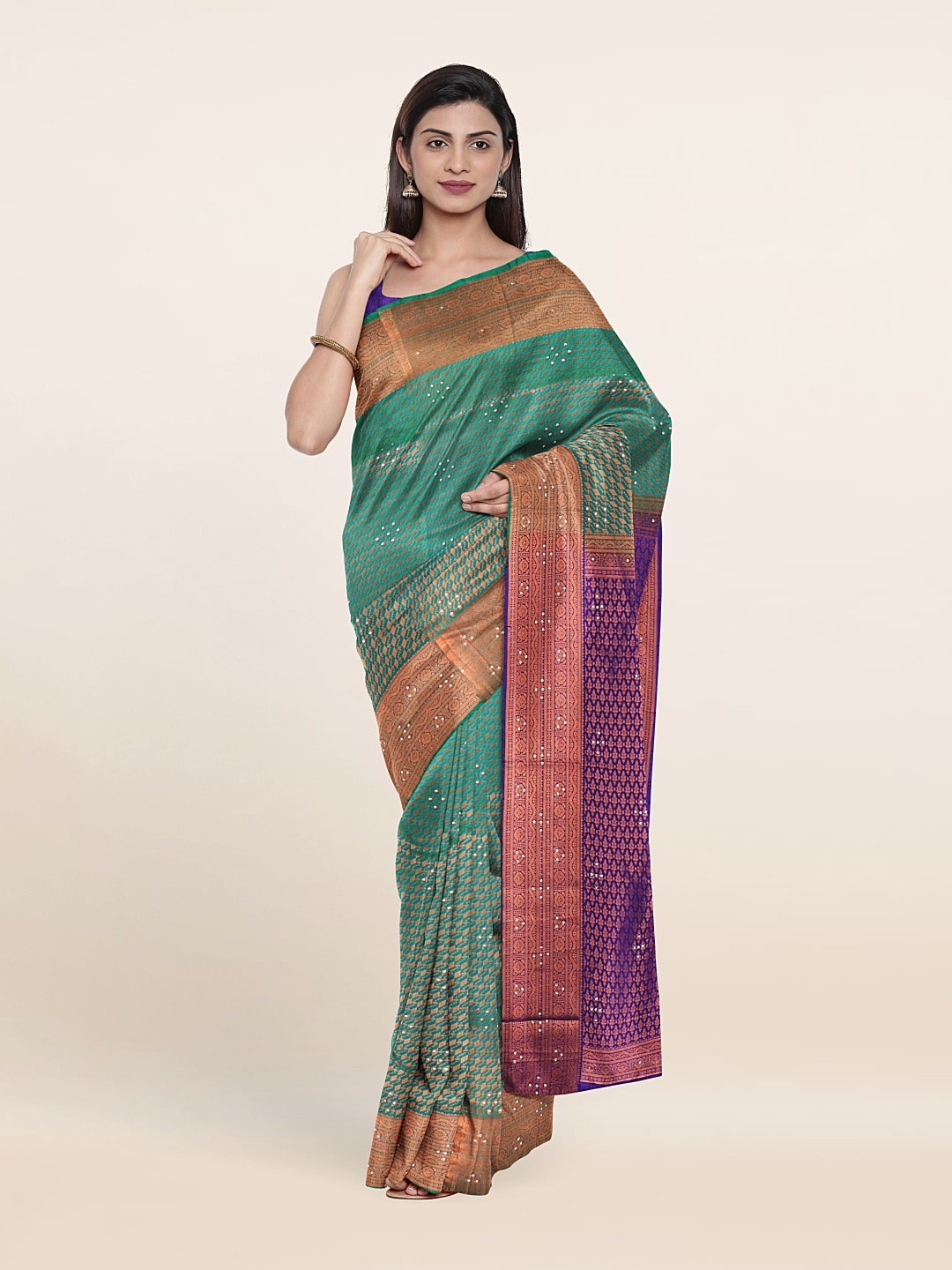 

Pothys Green & Blue Beads and Stones Pure Silk Saree