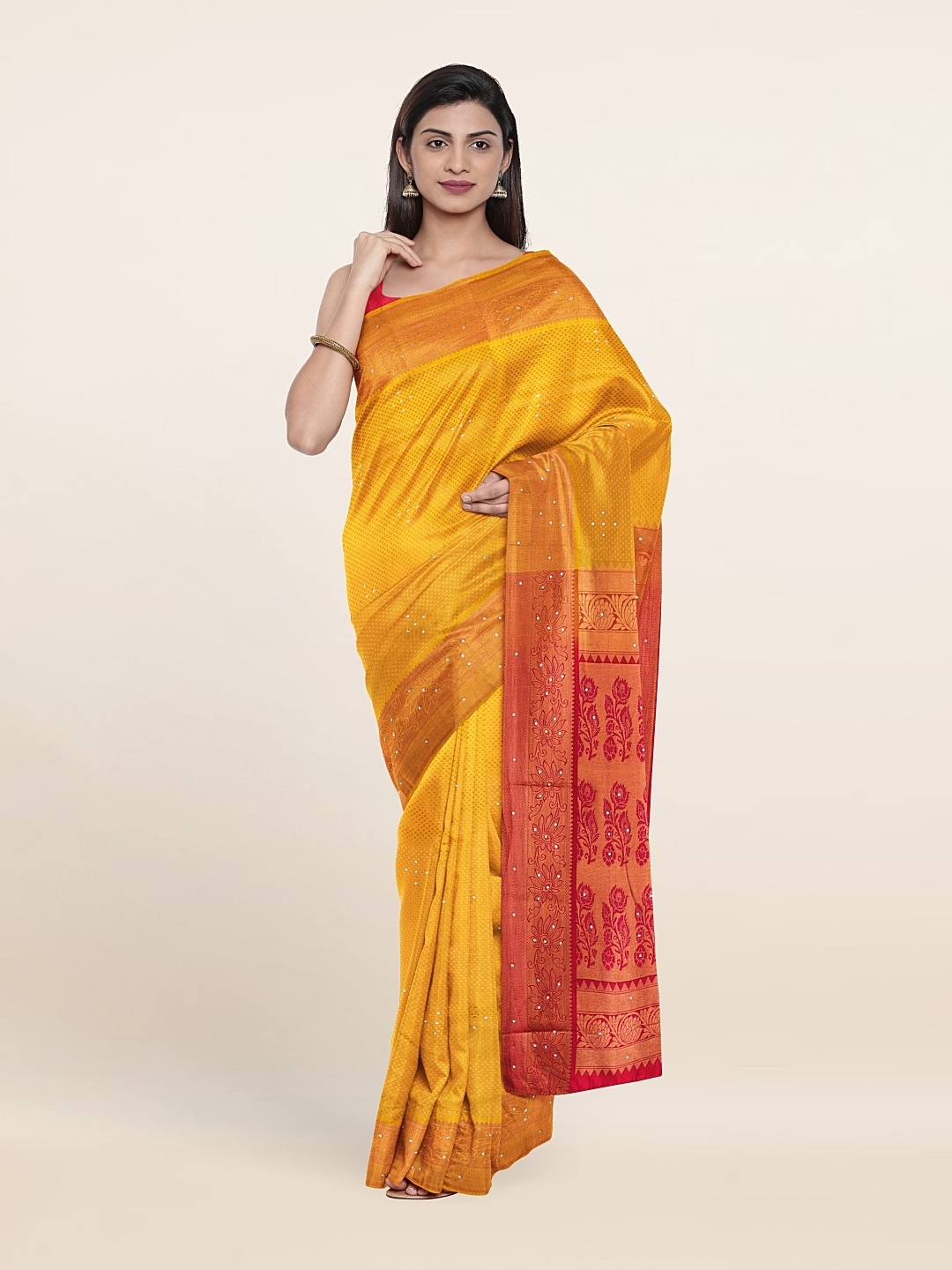 

Pothys Yellow Woven Design Beads and Stones Pure Silk Saree