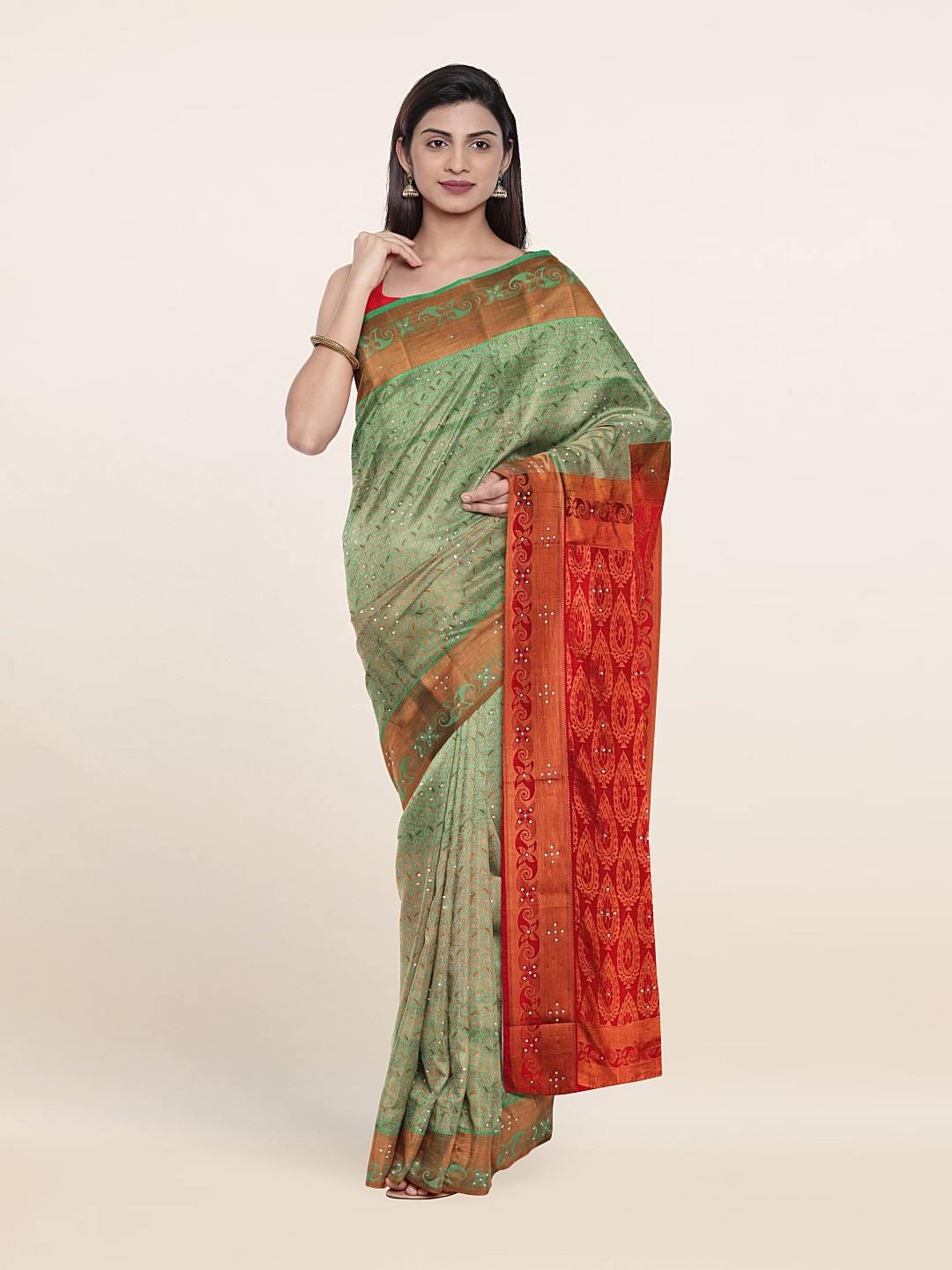 

Pothys Green & Red Woven Design Beads and Stones Pure Silk Saree