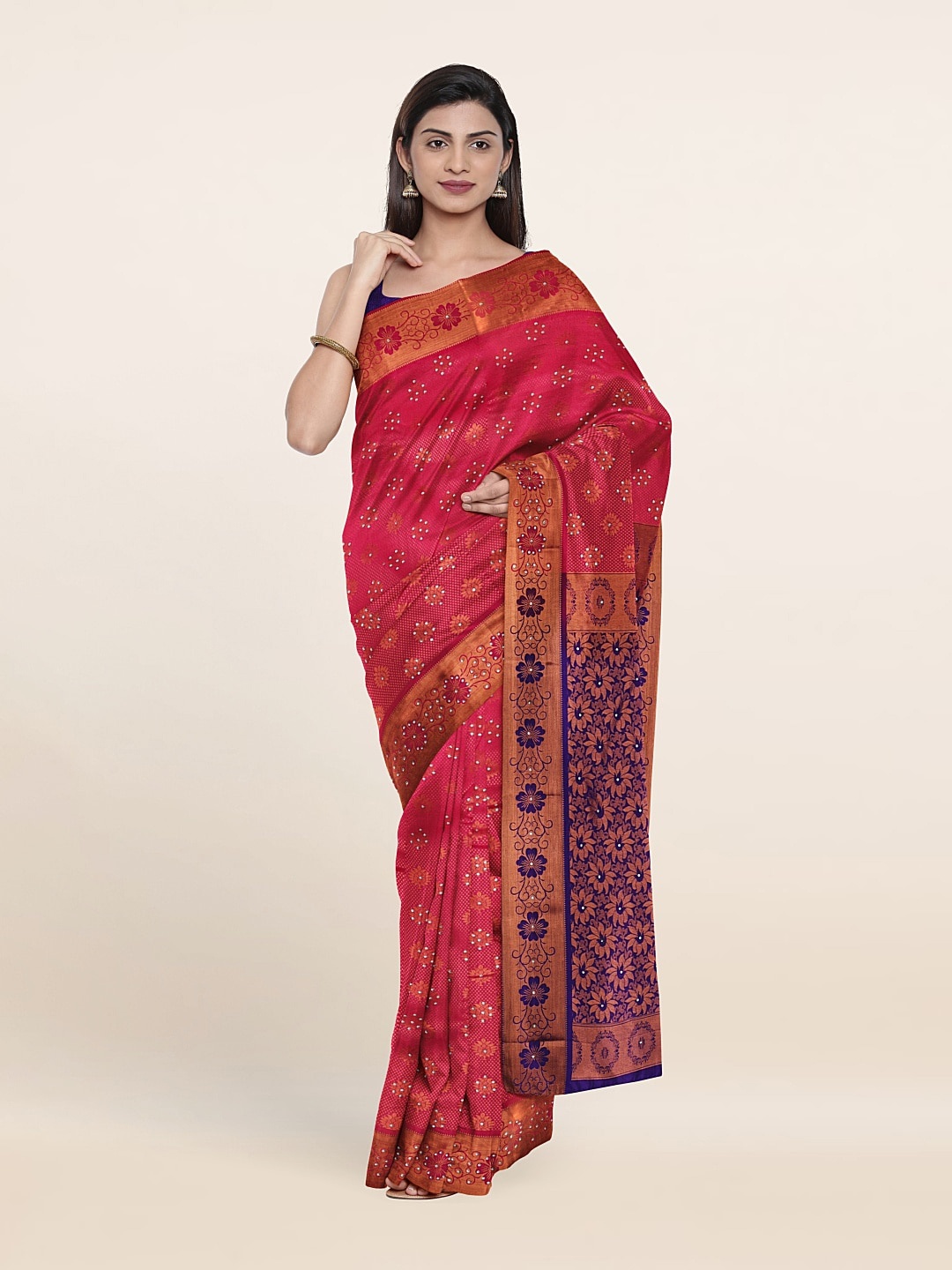 

Pothys Pink & Copper-Toned Woven Design Beads and Stones Pure Silk Saree