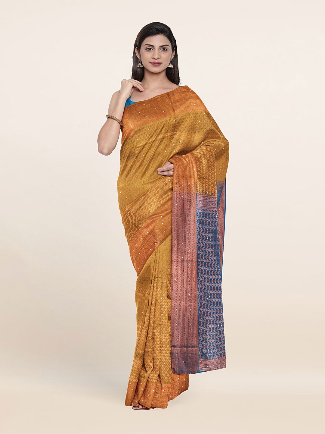 

Pothys Tan & Blue Woven Design Beads and Stones Pure Silk Saree