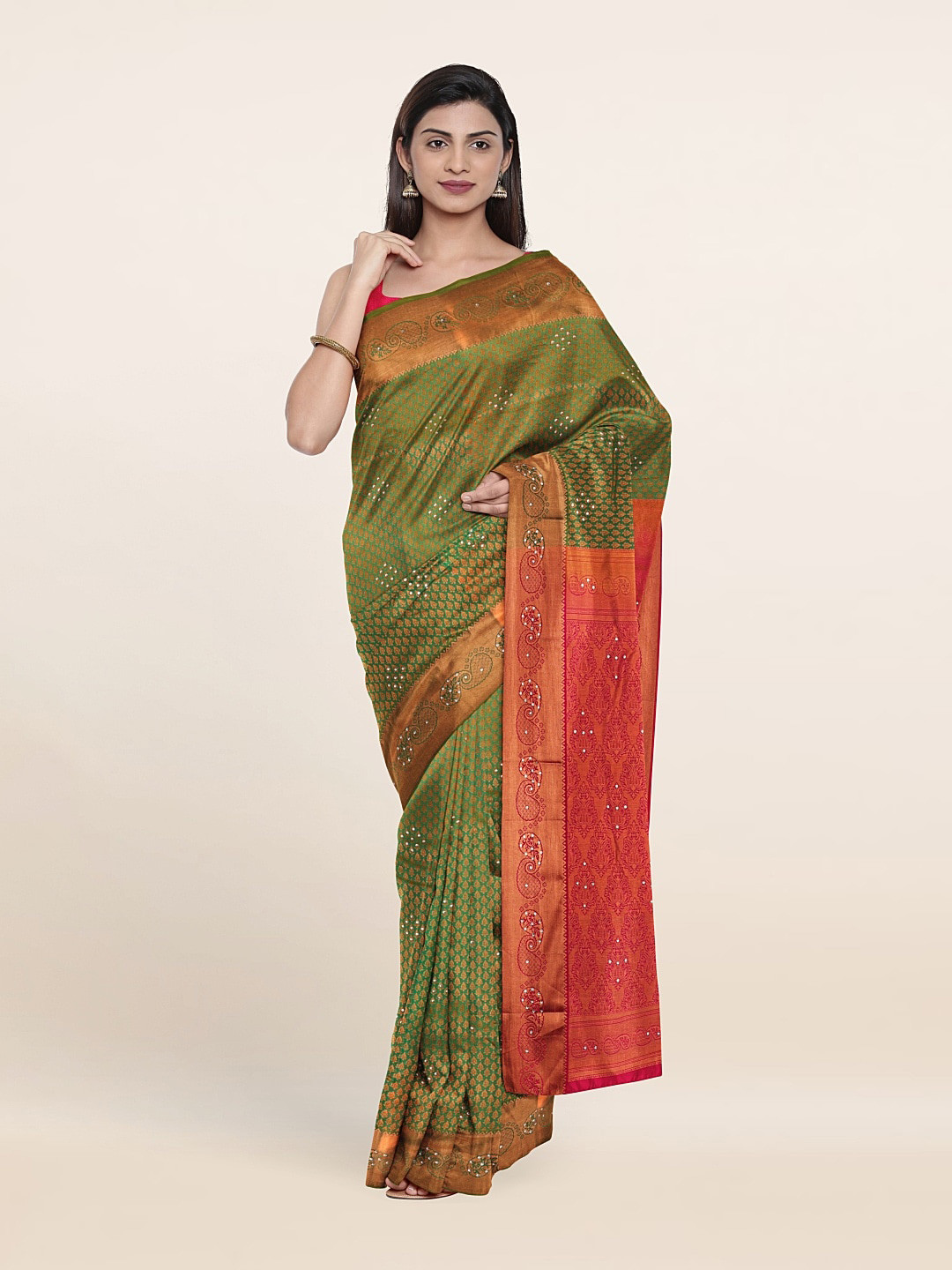 

Pothys Green & Pink Woven Design Beads and Stones Pure Silk Saree