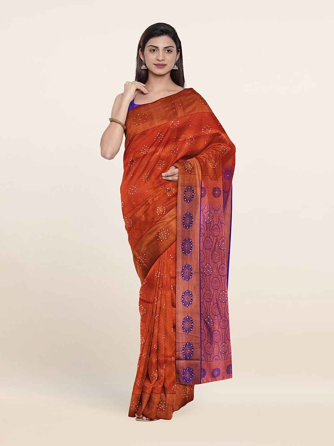 

Pothys Rust & Navy Blue Woven Design Beads and Stones Pure Silk Saree