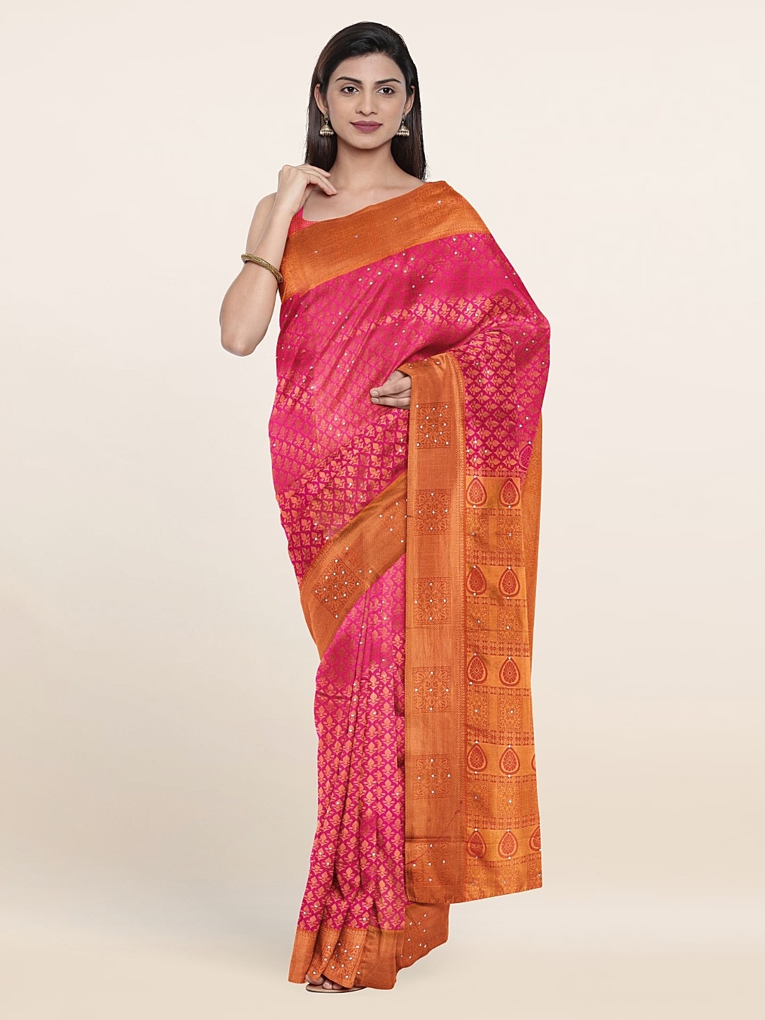 

Pothys Pink & Brown Woven Design Beads and Stones Pure Silk Saree
