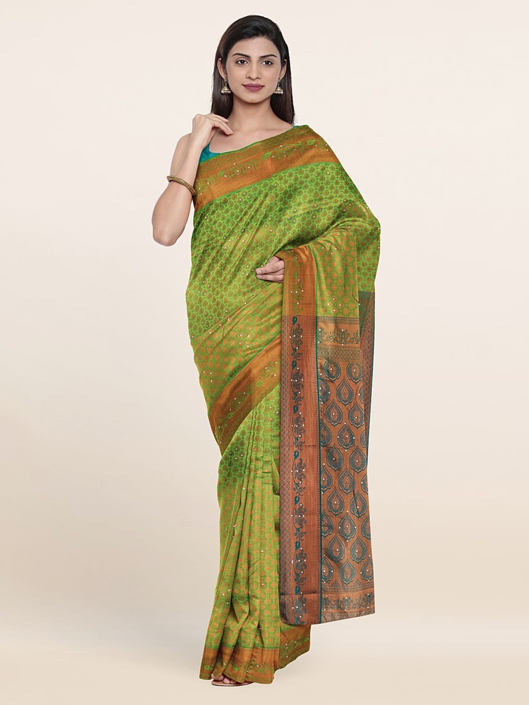 

Pothys Green & Copper-Toned Ethnic Motifs Beads and Stones Pure Silk Saree