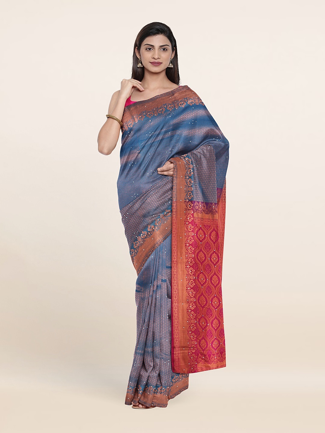 

Pothys Blue & Copper-Toned Woven Design Beads and Stones Pure Silk Saree