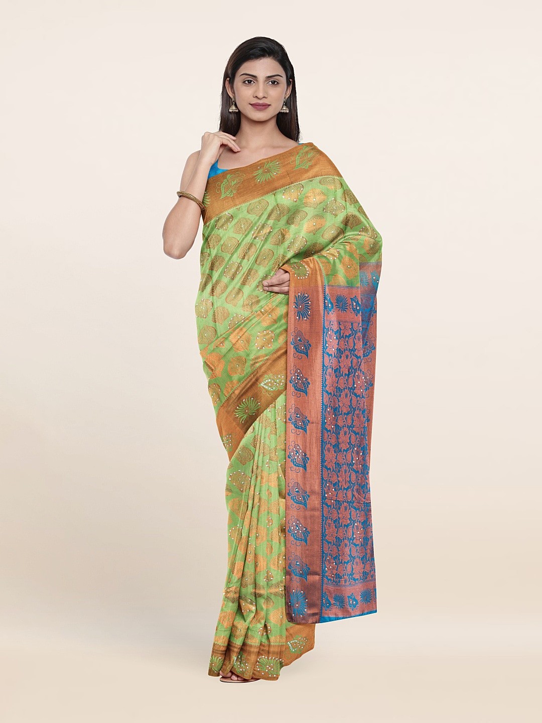 

Pothys Green & Blue Woven Design Beads and Stones Pure Silk Saree