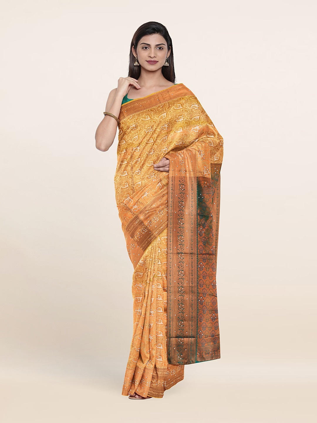 

Pothys Cream-Coloured & Green Paisley Zari Pure Silk Saree